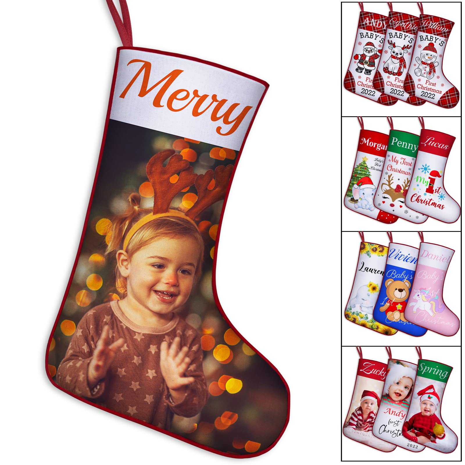 YanNanKe Personalized Baby 1st Christmas Stocking Custom Baby's First Christmas Stockings for Newborn with Name Photo Xmas Tree Fireplace Home Decoration Gift for Baby Girls & Baby Boys