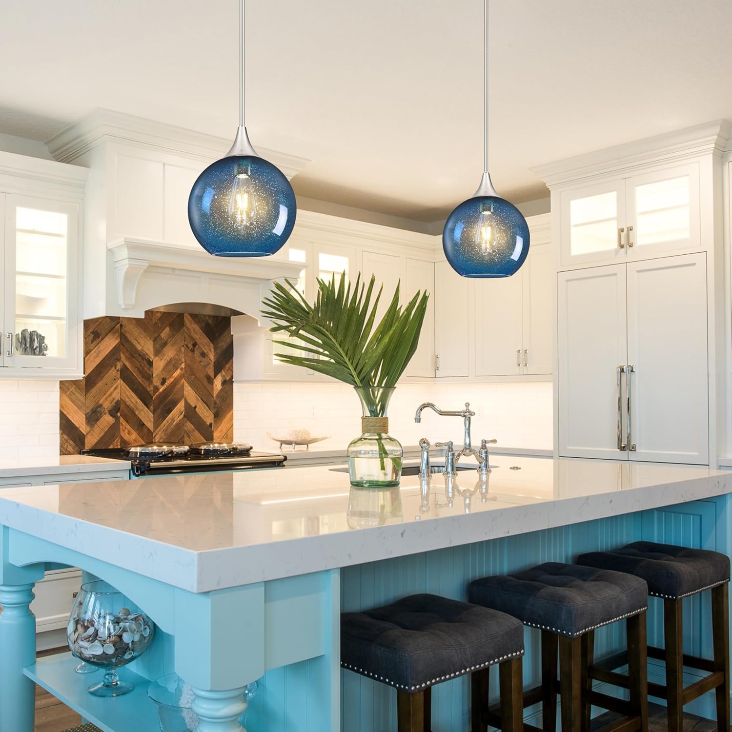 10" Blue Glass Modern Pendant Light Kitchen Island Mid Century Brushed Nickel Modern Pendant Lighting with Glass Globe Modern Hanging Pendant Light for Dining Room Foyer（Bulb Incl.）