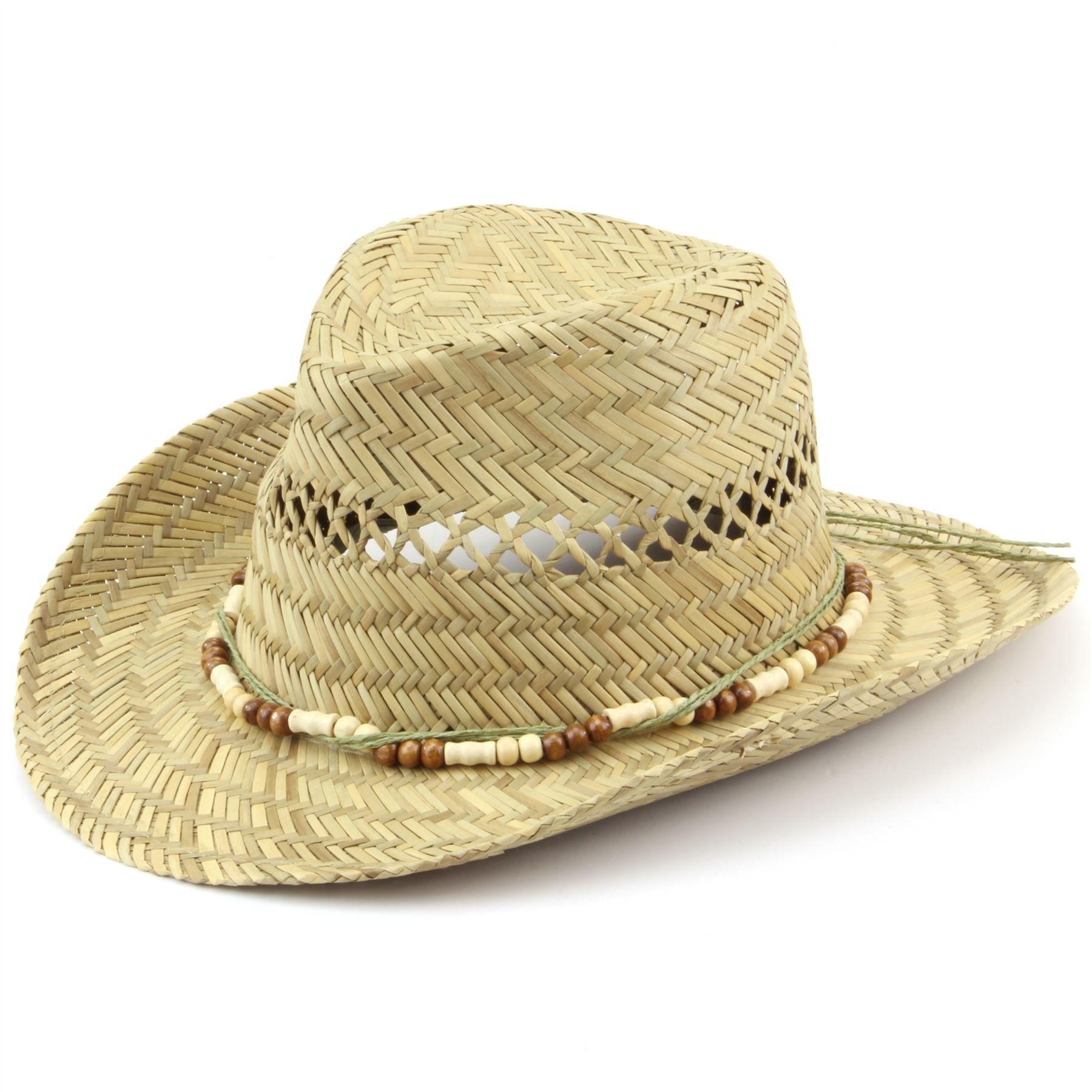 STRAW COWBOY HAT WITH WOODEN BEAD BAND & SHAPEABLE BRIM