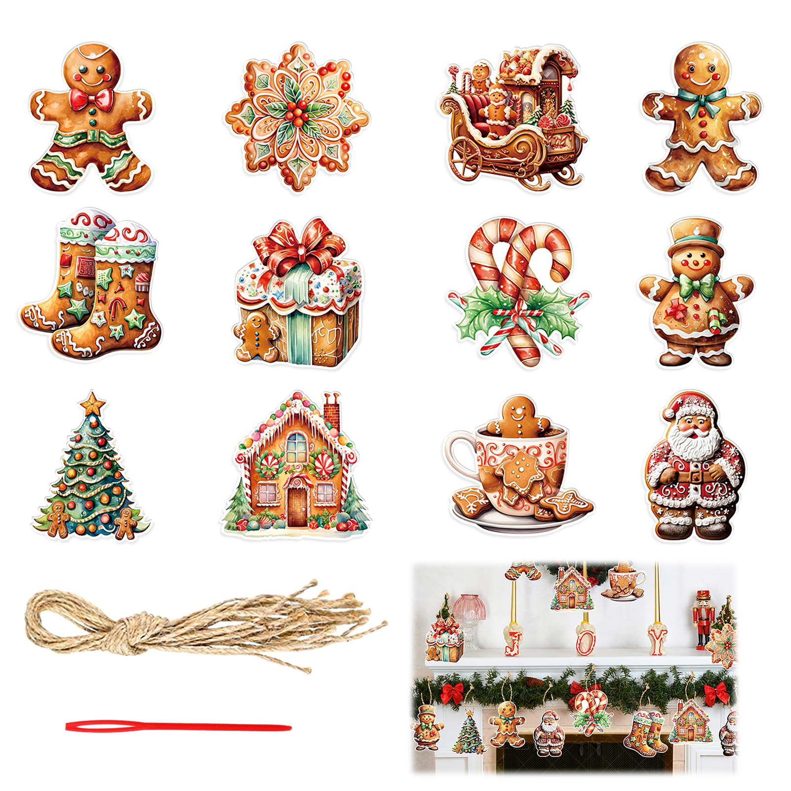 24pcs Adornos Colgantes Navidad Etiquetas, Decoración Navideña Árbol de Navidad Hombre de Jengibre, Manualidades Scrapbooking Regalos