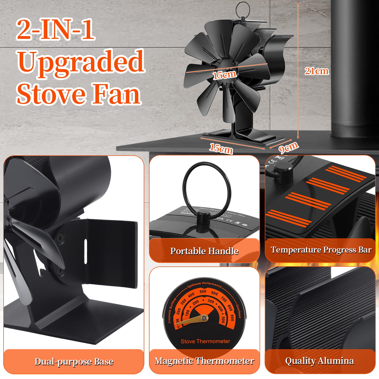 2 in 1 Ventilatore per camino, ventilatore per stufa 8 pale per camino, ventilatore alimentato a calore con termometro, stufa ventilatore senza elettricità per stufa a legna/camino/tubo del camino