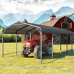 12x20FT Metal Carport, Heavy Duty Carport Canopy with Reinforced Frame and Base for All-Weather, Outdoor Garage Car Port for Pickup Trucks, Boats, Tractors or Party