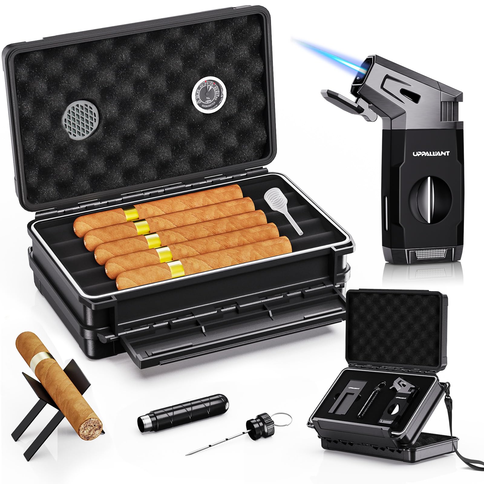 Travel Cigar Humidor Case Set, Double-sided Design, with Cigar Lighter Built-in V Cutter, 2-in-1 Cigar Draw Enhancer/Punch Tool, Cigar Holder, Humidifier&Hygrometer, Cigar Accessories Gift Kit for Men