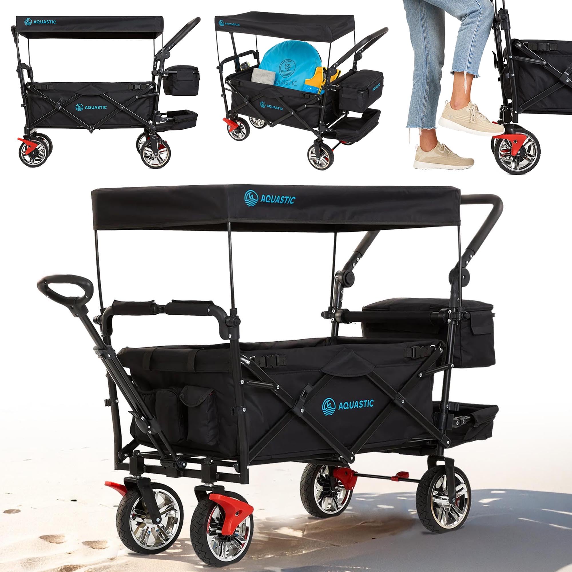 AQUASTIC Składany wózek transportowy 109 l, obciążenie 90 kg, szerokie gumowe koła z hamulcami, baldachim, uprząż, torba izolowana i pokrowiec - czarny