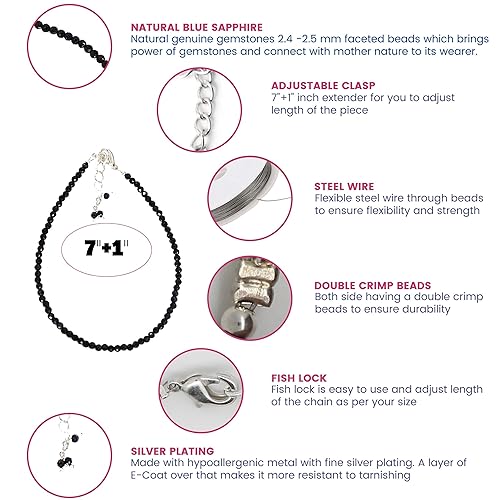 Miniatura 6 de Gempires Blue Sapphire Beads Bracelets September Birthstone 7 + 1 Inch Adjustable Bracelets For Women (Blue Sapphire)