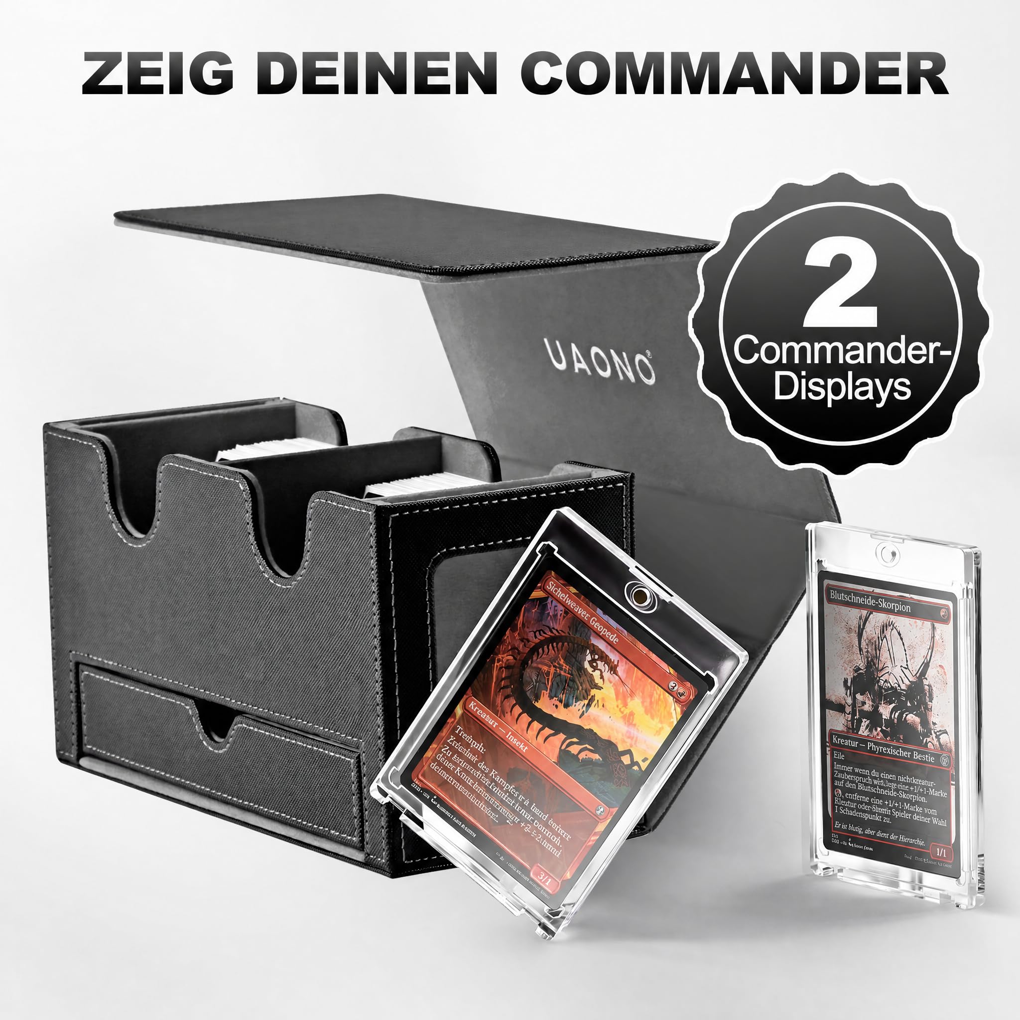 UAONO MTG Deck Box mit 2 Commander Display und Würfelablage, patentiertes Design, Doppeldeck-Box für 250+ einhüllige Karten, Leder-Magnetkarten-Aufbewahrungsbox passend für TCG CCG Magic Cards