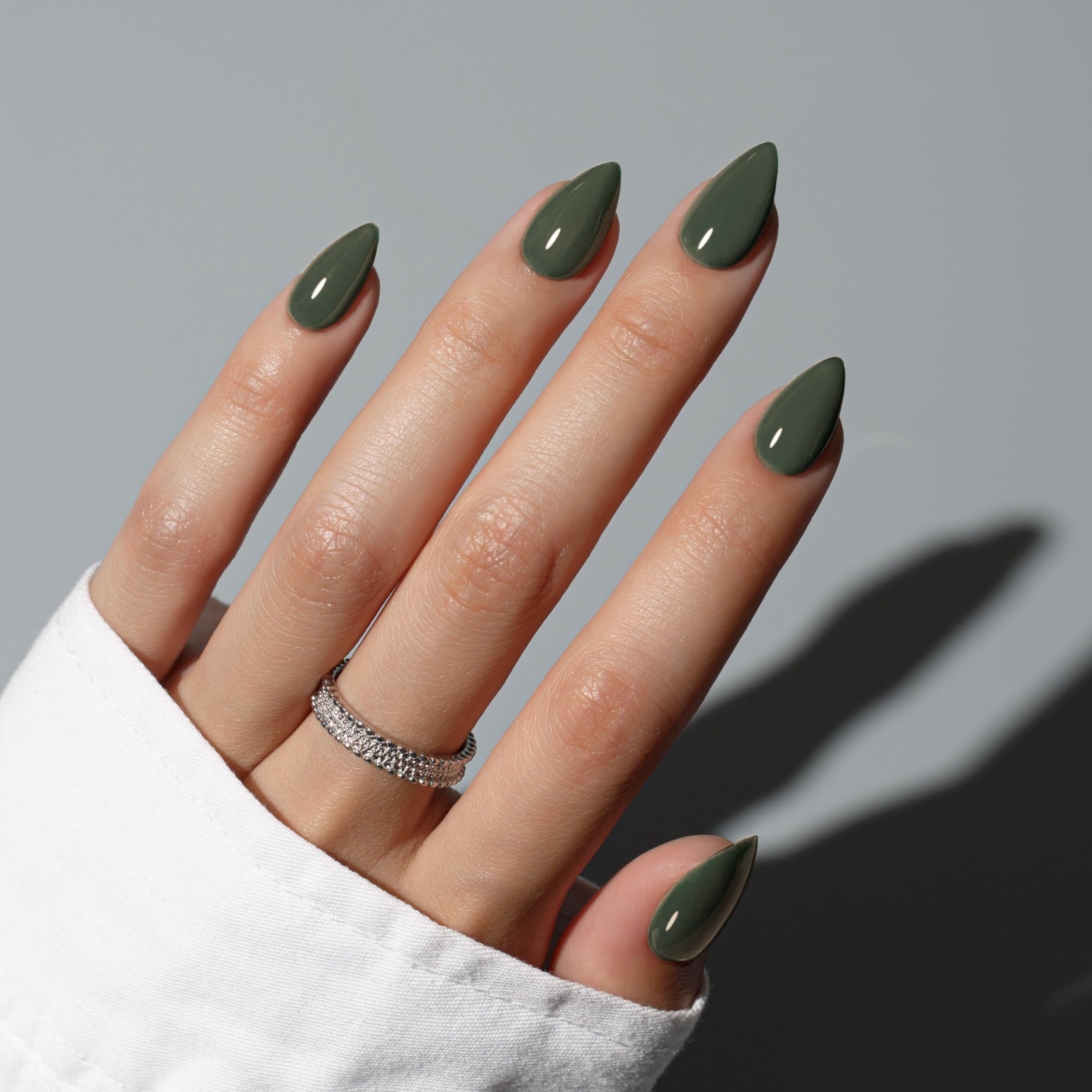 KQueenest Olive Green Press on Nails Short Almond, Short False Nails Press ons, Sheer Moss Green Fake Nails Medium Stiletto - Image 2