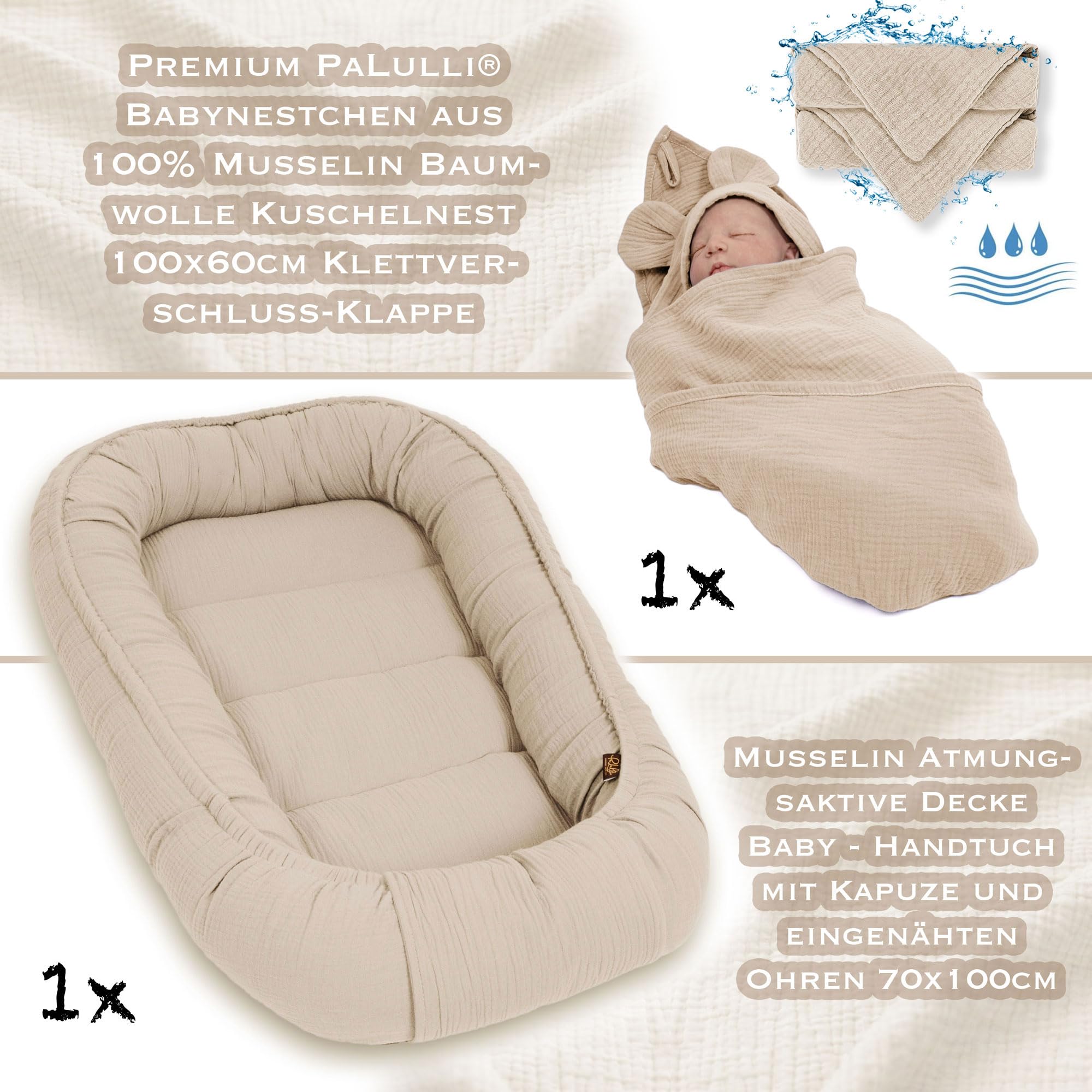 PaLulli® 2-stronne muślinowe gniazdo niemowlęce z chustką, oddychający muślin – ręcznik z kapturem i wszytymi uszami, 100% muślinu Oeko Tex, przytulne gniazdo kokon do łóżeczka dziecięcego (beżowy)