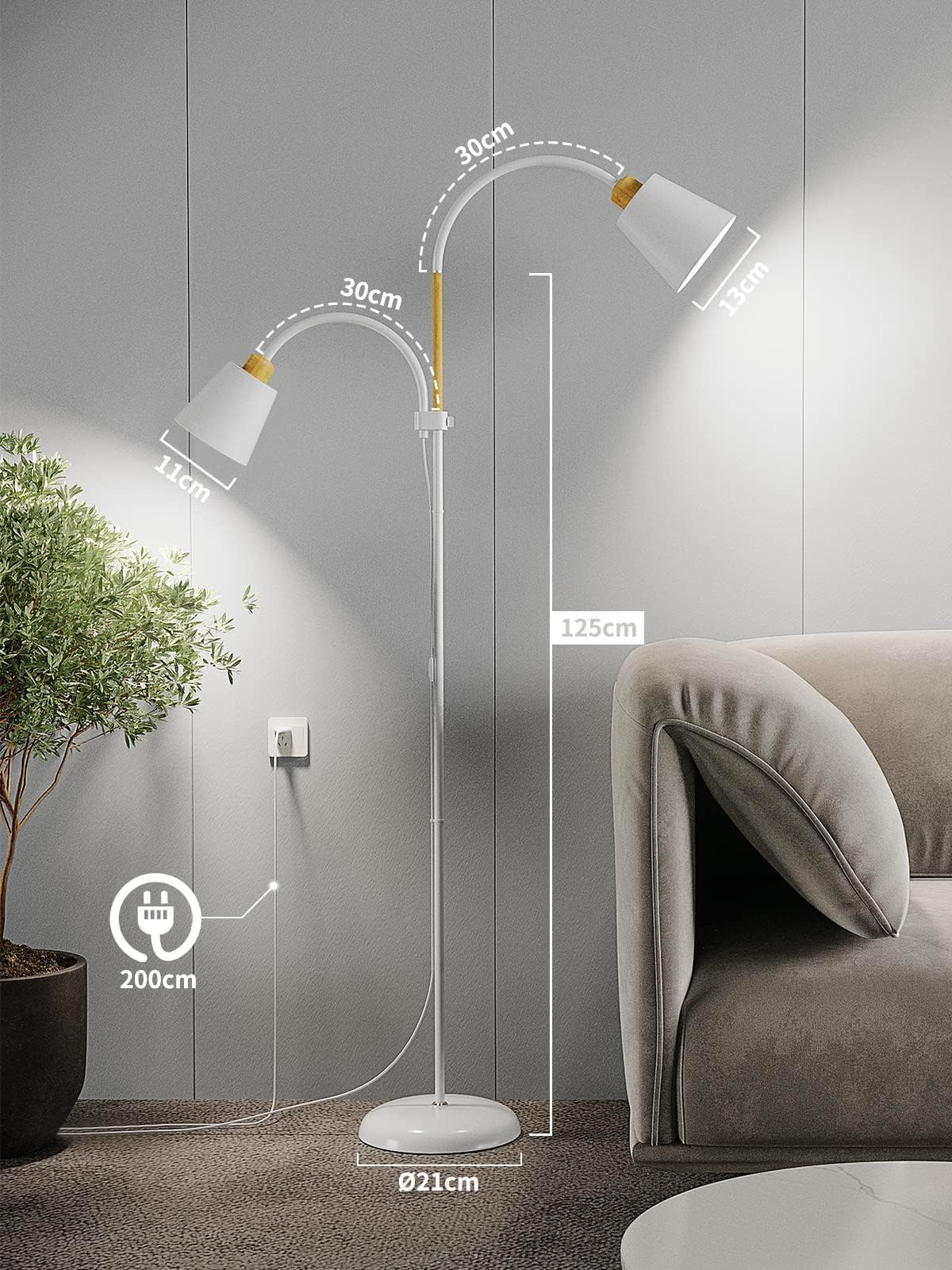 ANTENLICHT Stehlampe mit leselampe Wohnzimmer VILI | E27 Fassung max. 60W | 360° Schwenkbare 2 Lampenköpfe Stehleuchte | moderne Metall Sofa Lampe mit Höhe 159 cm | für Schlafzimmer Weiß ohne Birne