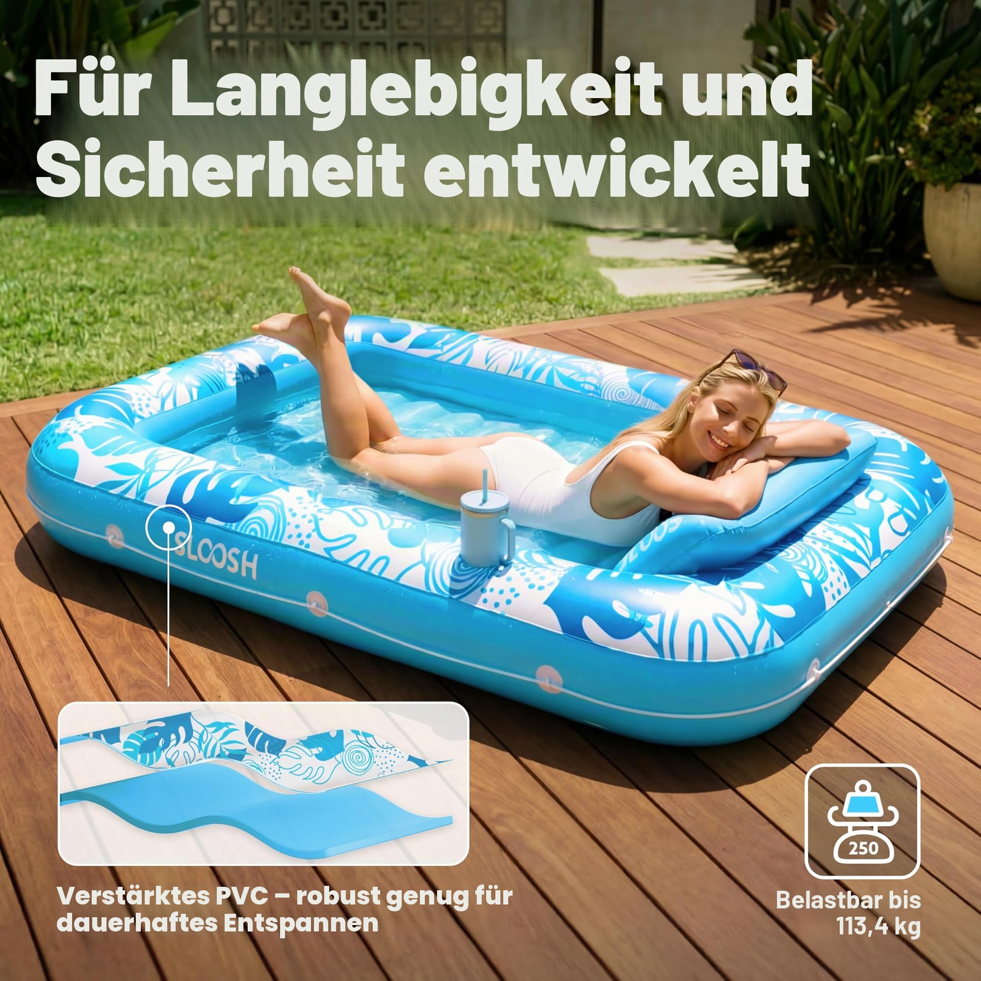 SLOOSH Aufblasbare Tanning Pool 70" x 46" 85" x 57" Luftmatratze für Erwachsene mit Kissen 4-in-1-Sonnenliege