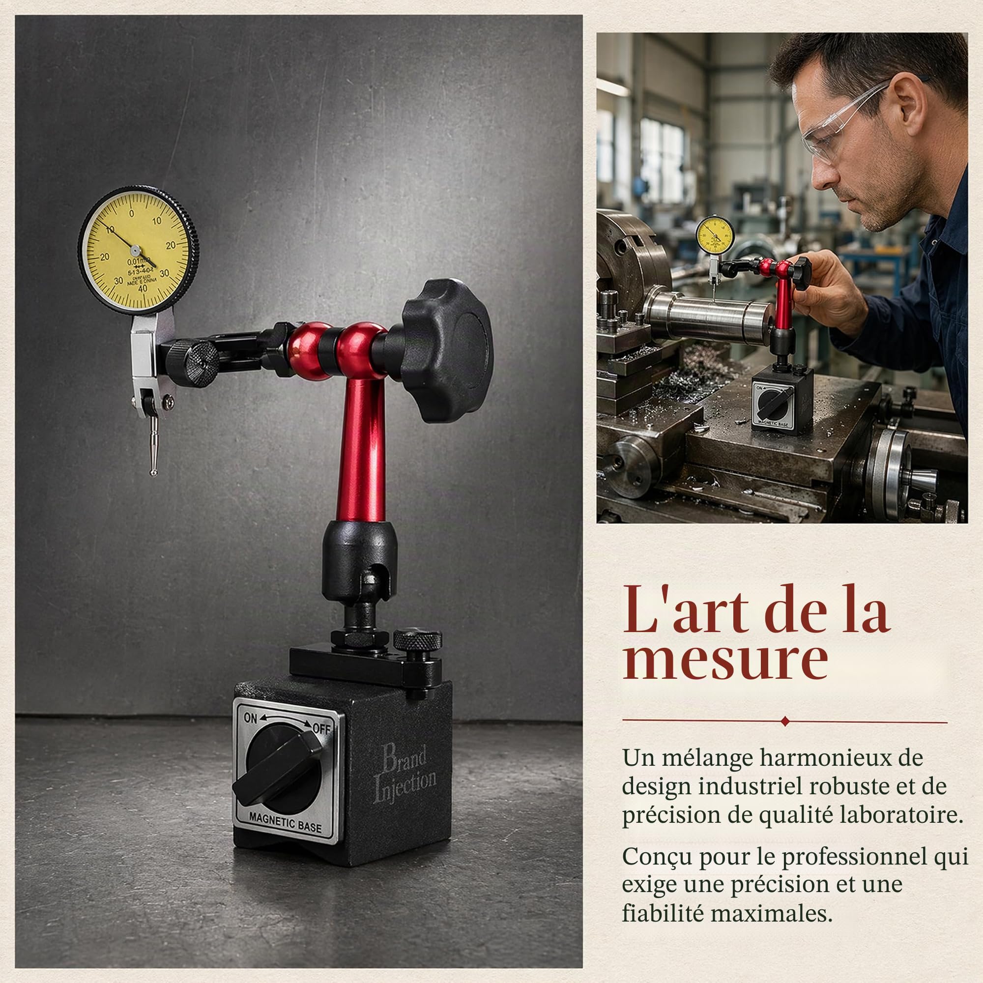 Comparateur Mecanique 0-0,8 mm avec Base Magnétique,Très Flexible,Comparateur Précision 0,01 mm,Ensemble D'indicateurs de Cadran pour Calibration Des Plaques de Surface,Rouge