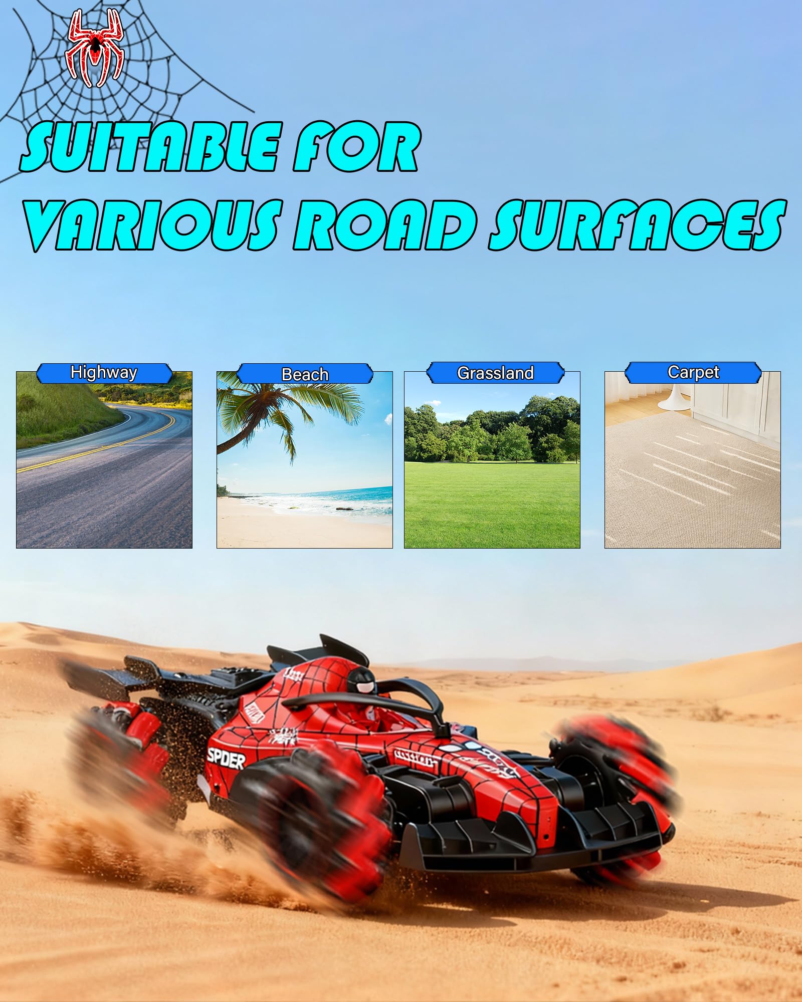 Voiture Radiocommandée Enfant – Voiture RC Rechargeable 4x4 Drift, Échelle 1:18 Design F1 Motif Araignée, Rotation 360°, avec Effet de Vapeur, Sons et Lumières LED, Télécommande 2.4GHz, Cadeau Garçon