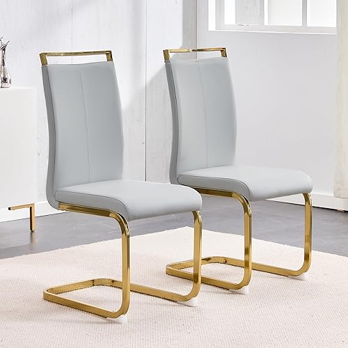 Miniatura 31 de Juego de 2 sillas de comedor, sillas de cocina, sillas sin brazos, sillas laterales de cuero y patas de metal con respaldo alto (2, sillas gris