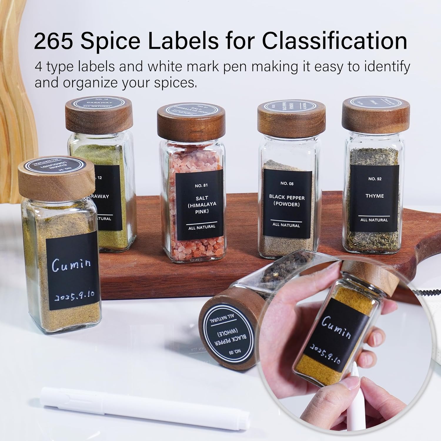 Spice Jars with Labels 24 Pack 4 oz Glass Spice Containers with Wooden Lids, Empty Seasoning Jars Set with Funnel, Brush & Marker, Square Glass Jars for Kitchen Pantry Organization & Storage - Image 5