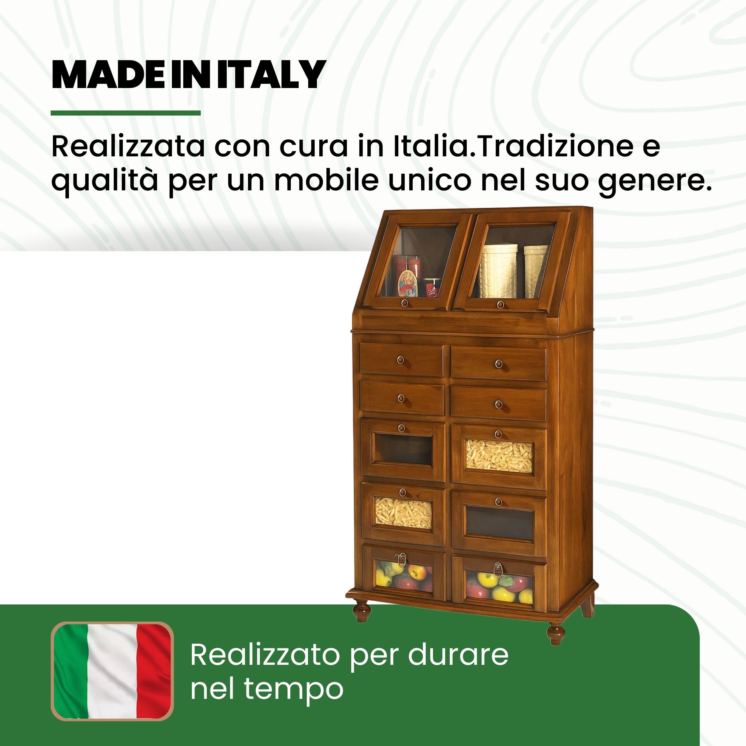 Mar.c.a. Design - Mobile Dispensa Arte Povera in Legno 80x42x153 cm - Dispensa Credenza per Cucina con 10 Cassetti e 2 Ante - Made in Italy