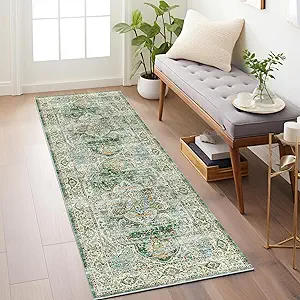 Madane Washable Runner Rug - 2x6 Rug Runners for Hallways 6 Feet Non Slip Vintage Kitchen Runner Rug Ultra-Thin Bathroom Runner Rugs Carpet Laundry Room Bedroom (2x6ft, Green)