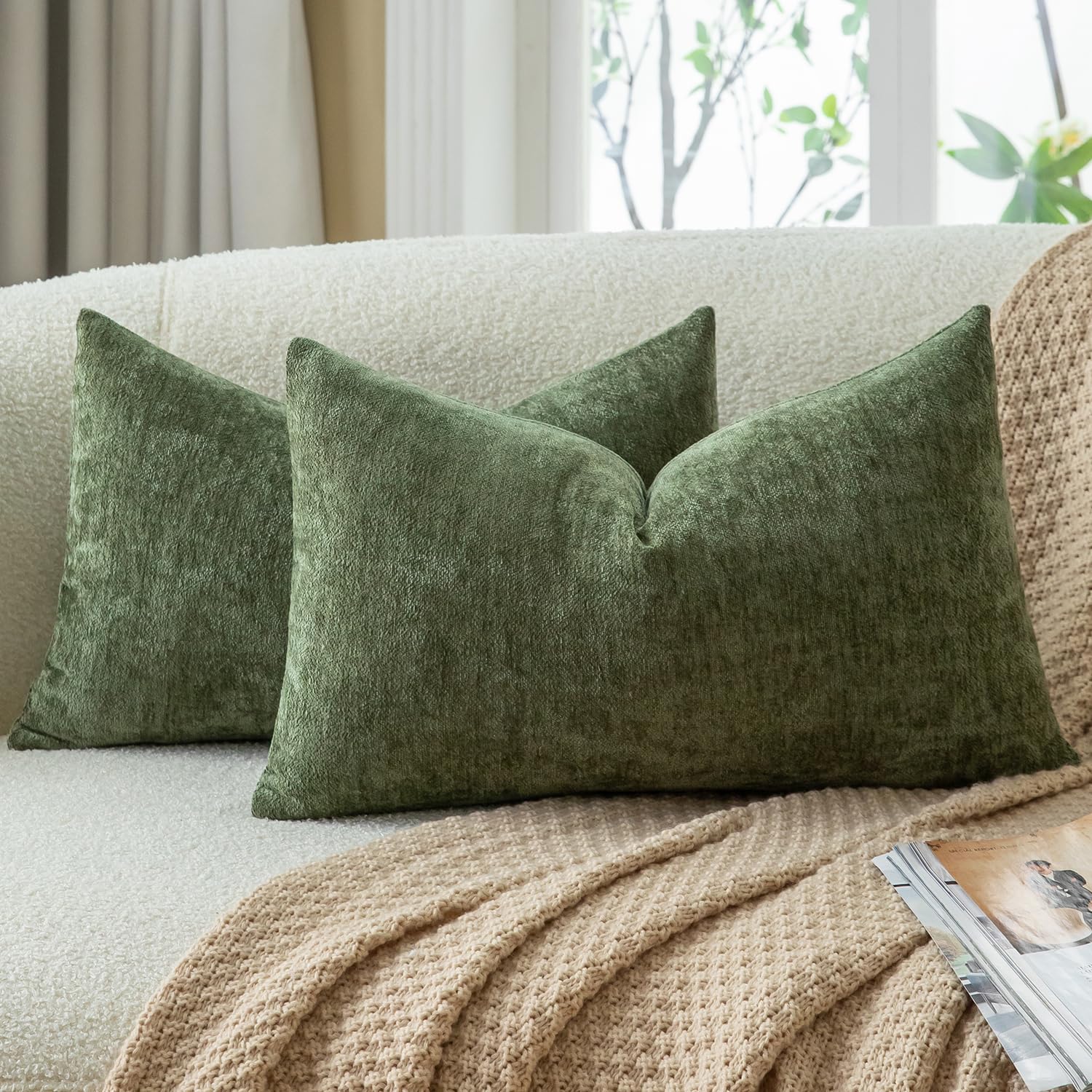 Mandioo Chenille Olive Green Cushion Covers 30x40cm 12x16 Inch Set of 2, Decorative Soft Thick Couch Pillow Covers Solid Accent Farmhouse Neutral Throw Pillow Cases for Sofa Bed Living Room