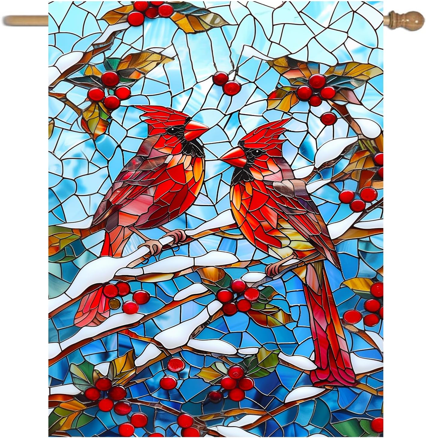 Winter Cardinal Bird Garden Flag for Outside 28x40 Stained Glass Red Birds on Snow Pine Tree Flag Christmas House Flags Large Outdoor Welcome New Years Yard Flag Double Sided