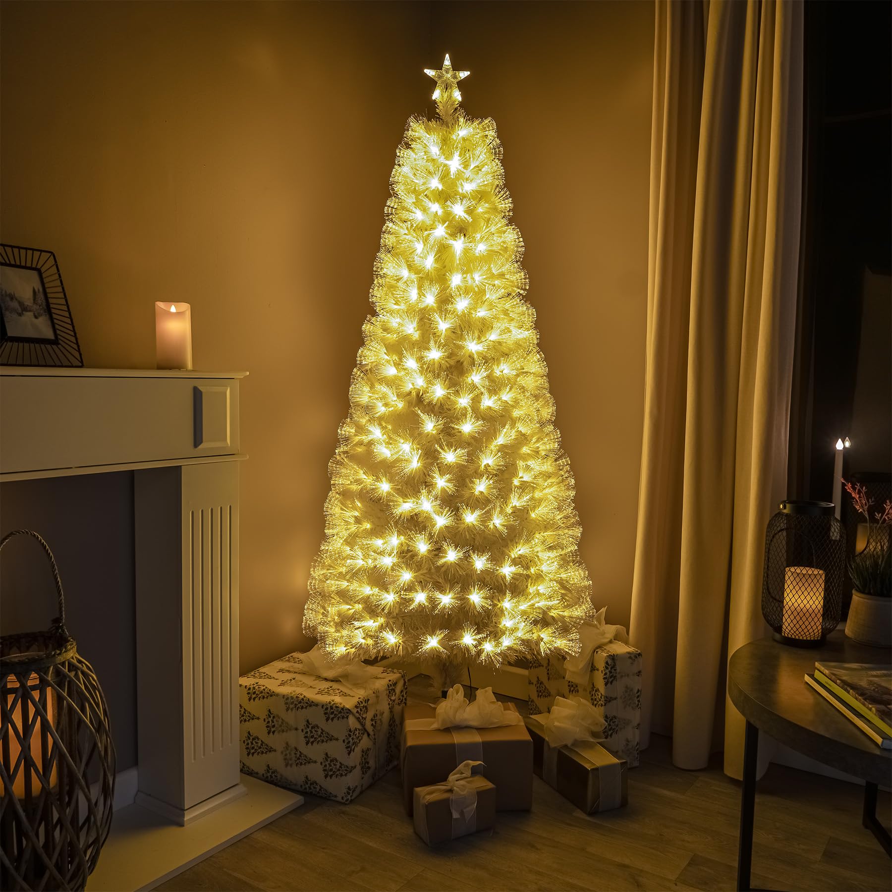 7ft White Fibre Optic Christmas Tree with Feathery Warm White Fibre Optic Lights