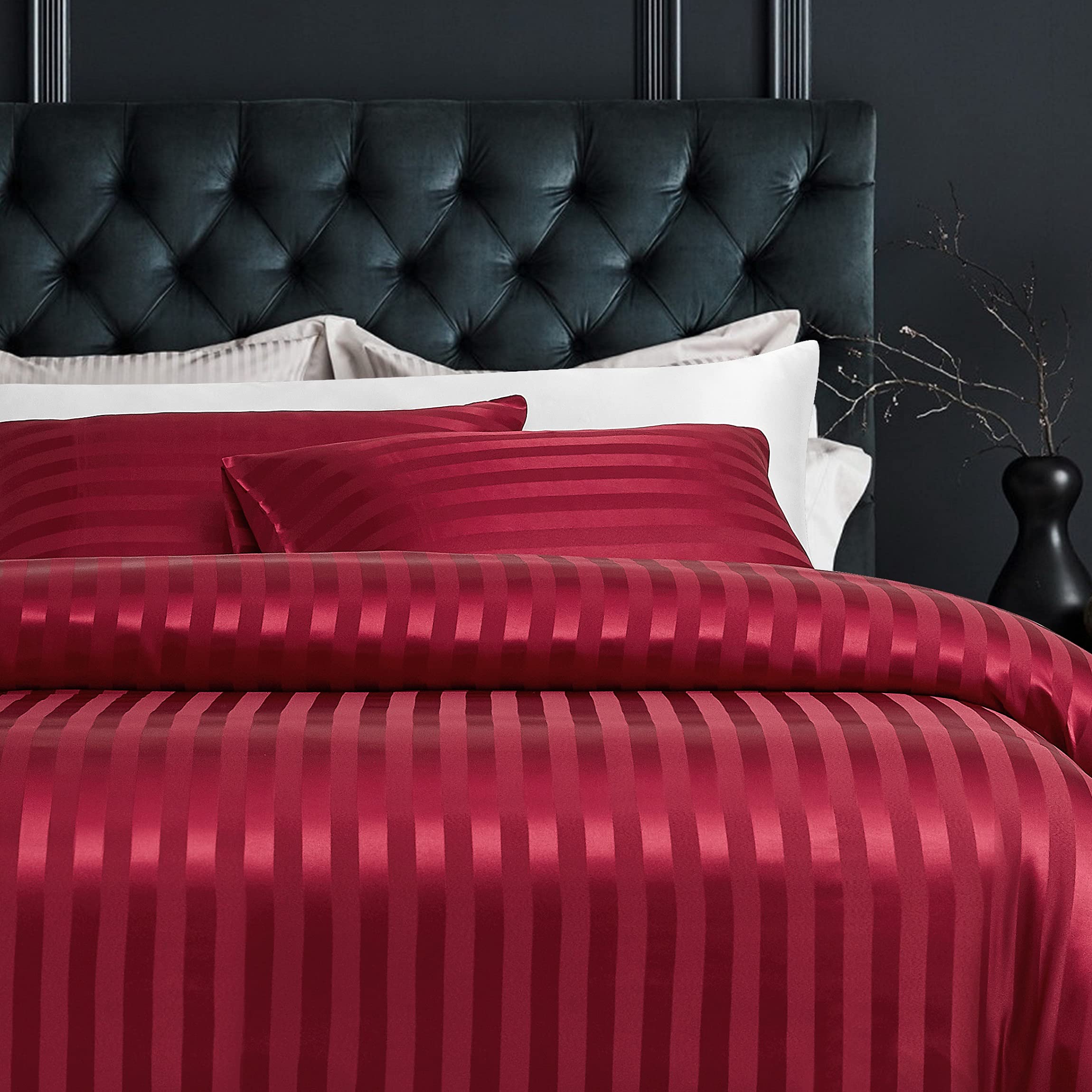 Damier Ropa de cama de 200 x 200 cm, satén rojo a rayas, juego de 3 piezas liso brillante de lujo de alta calidad, funda nórdica con cremallera oculta y 2 fundas de almohada de 80 x 80 cm