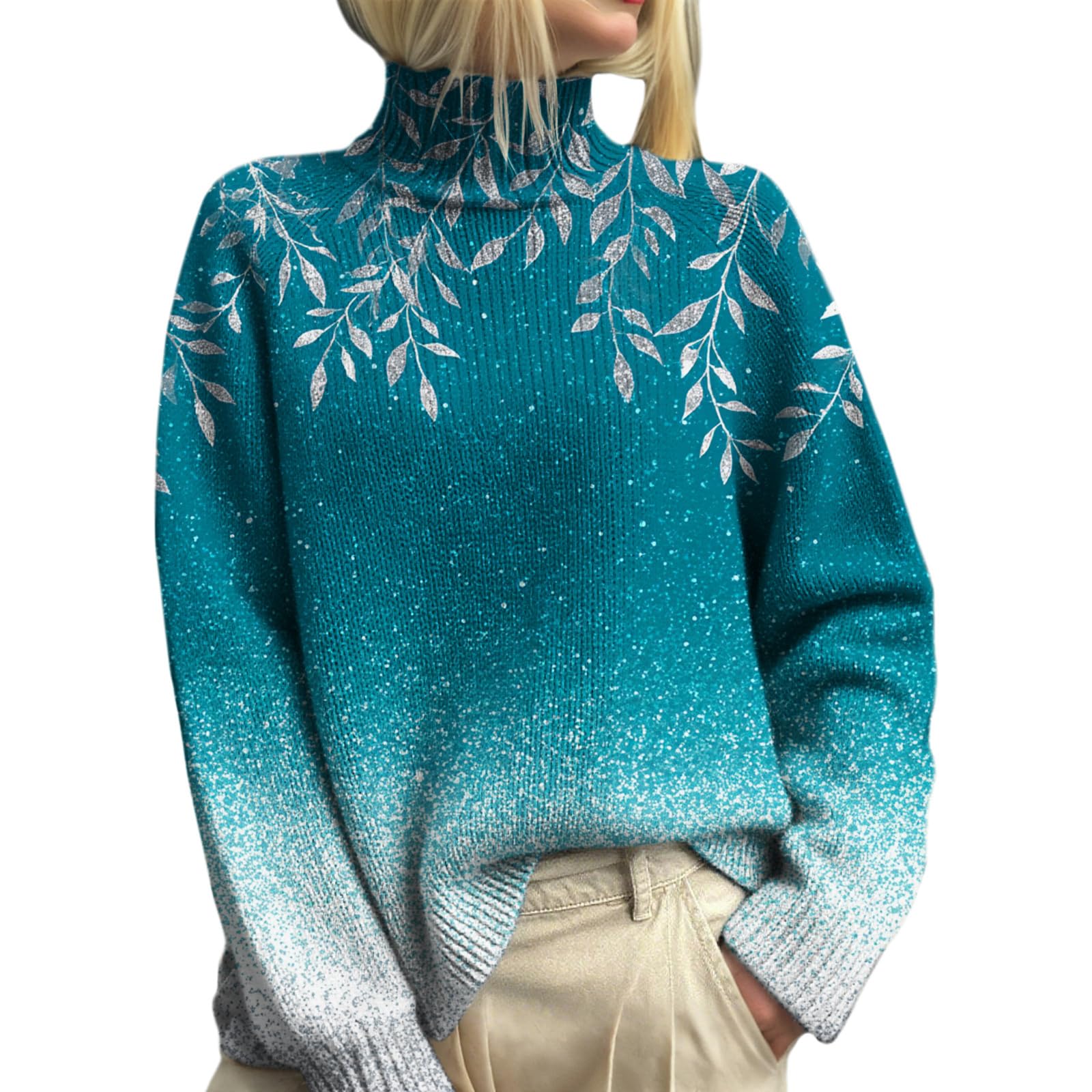 Womens Floral Print Turtleneck Sweater Casual Long Sleeve Pullover Graphic Sweater Loose Fit Fall Winter Sweaters