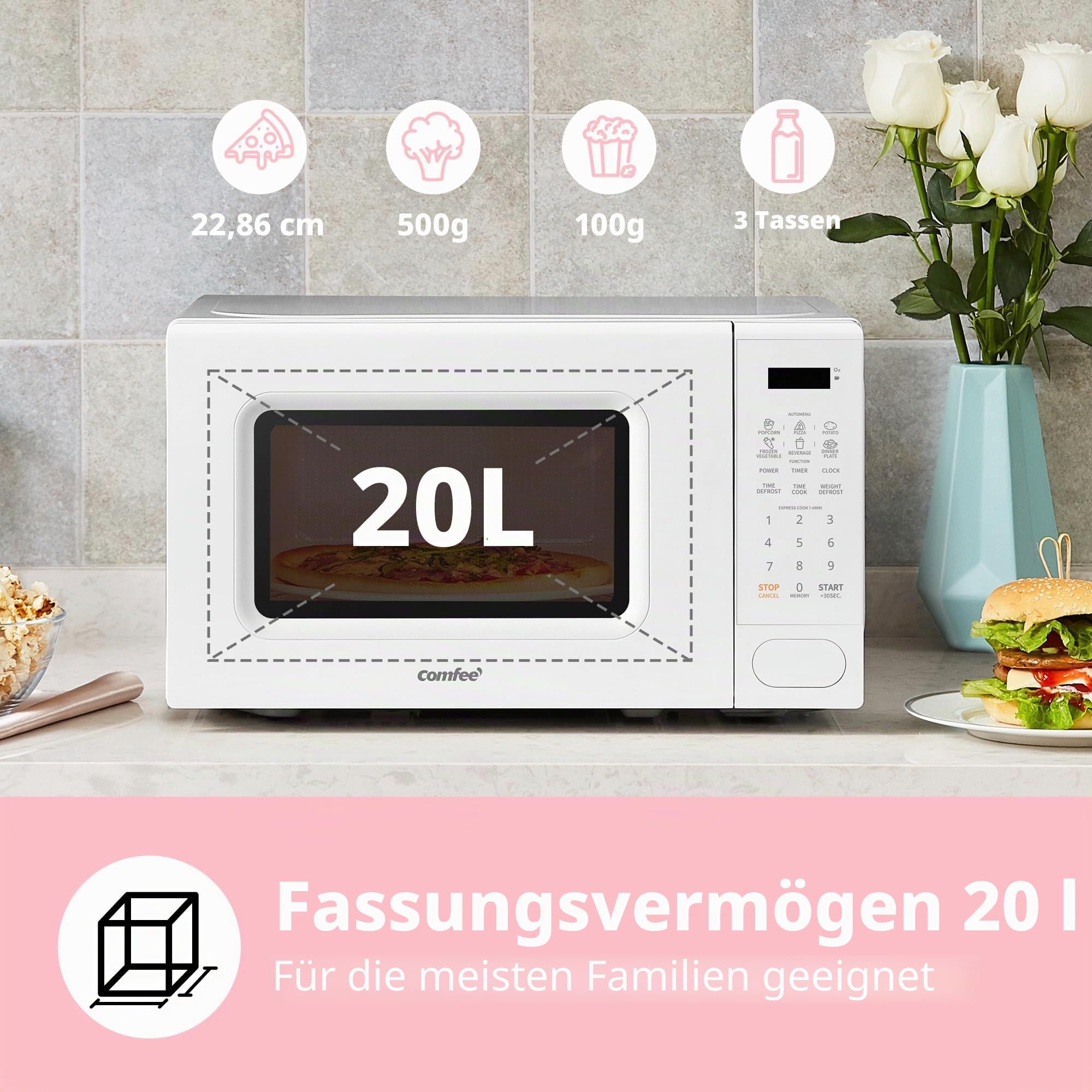 COMFEE' Digitale Mikrowelle, 700 W, 20 l, 6 voreingestellte Menüs, Express Cook, 11 Leistungsstufen, Auftauen, Speicherfunktion - Weiß - CM-E202CC(WH)