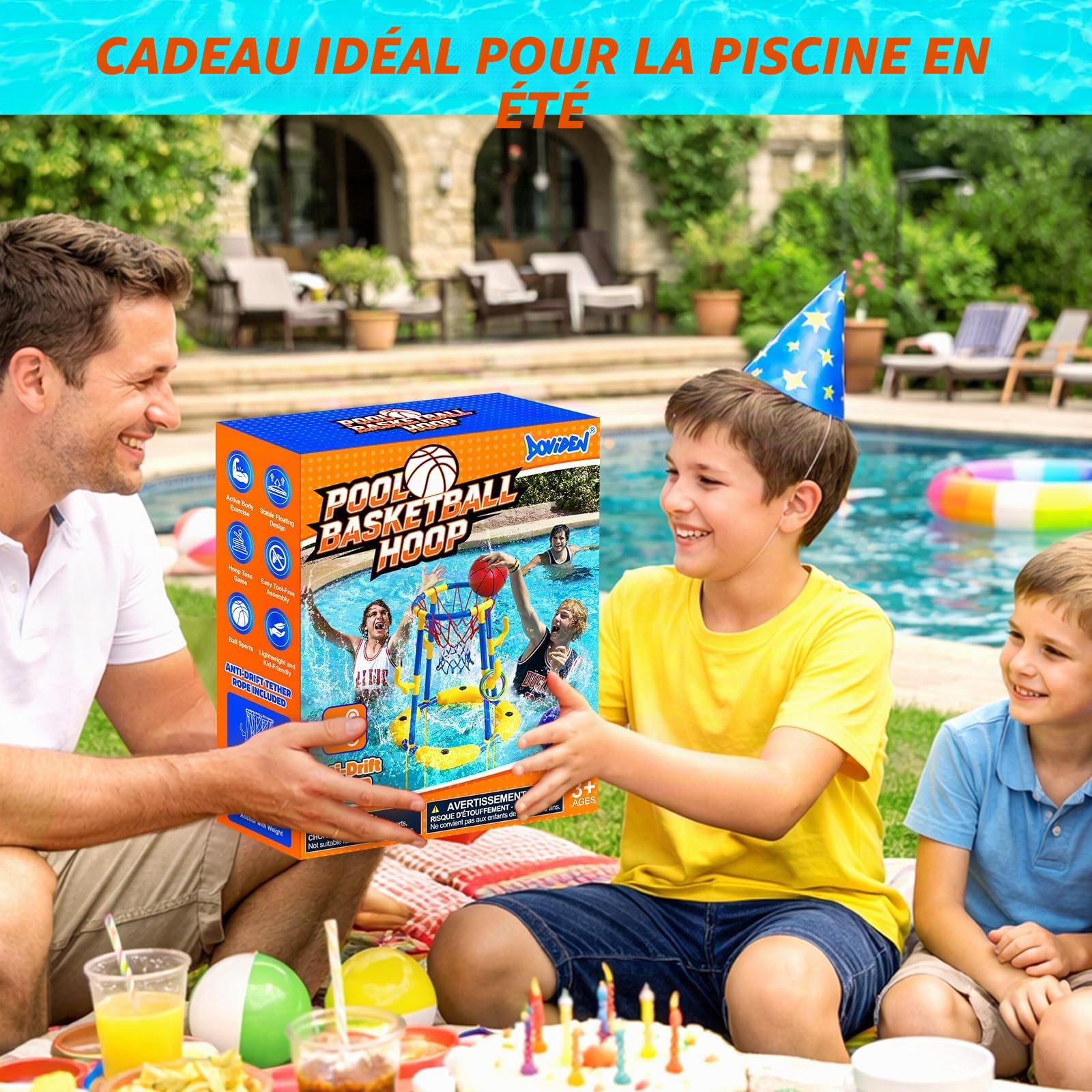 Ensemble de panier de basketball pour piscine_Panier de basketball flottant pour piscine avec 4 ballons d'eau, pompe et anneaux, jouet de piscine 2-en-1 pour adultes, adolescents et enfants