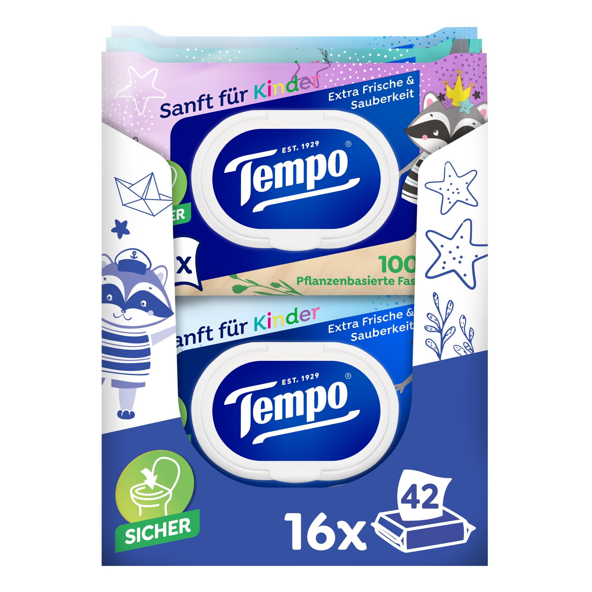 Tempo Toilettenpapier feucht für Kinder, Megapack, Designedition, 16 Packungen, 42 Tücher