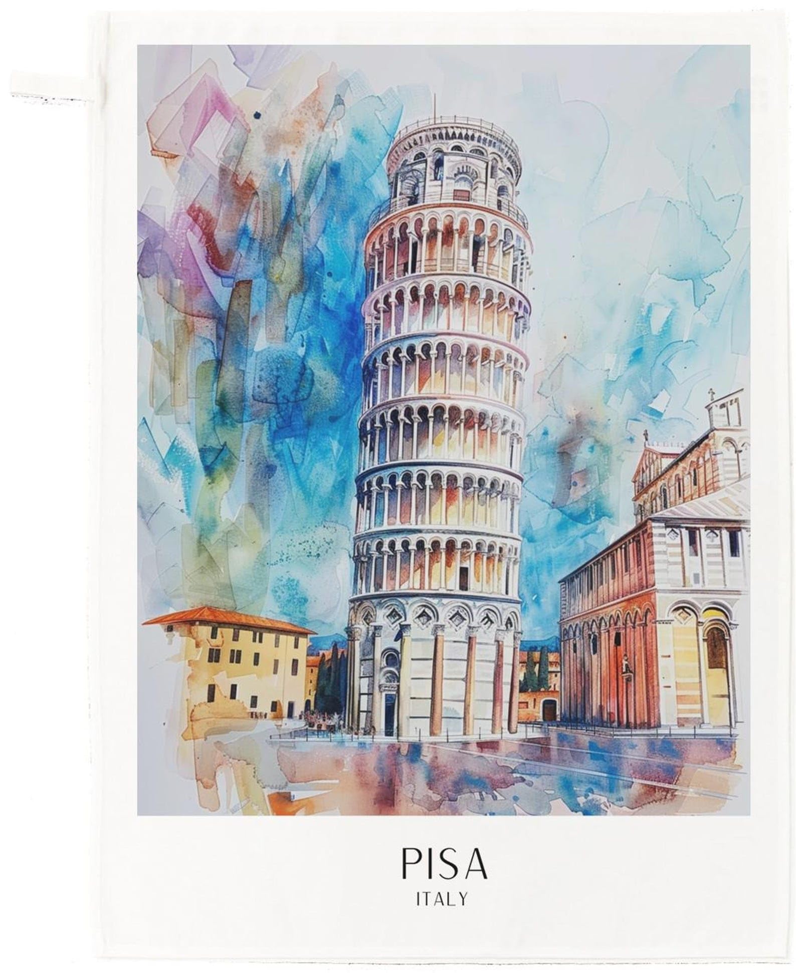 Half A Donkey White Pisa Italy Cotton Tea Towel – Leaning Tower Watercolour Kitchen Décor