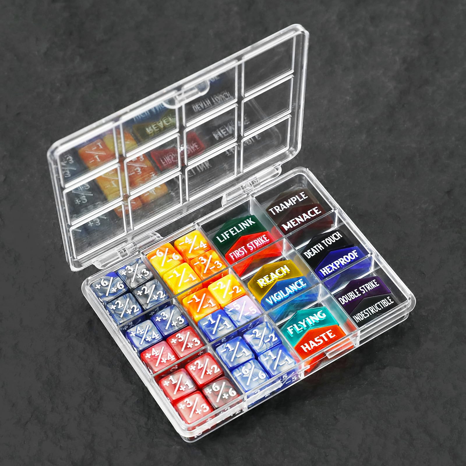 SIXPONTS Lot de 48 dés MTG de 12 mm – 1/+1 dés de compteur de vie et jetons de compteur de mots clés MTG compatibles avec Magic The Gathering, TCG, accessoires de jeux de cartes (dés # B et compteurs