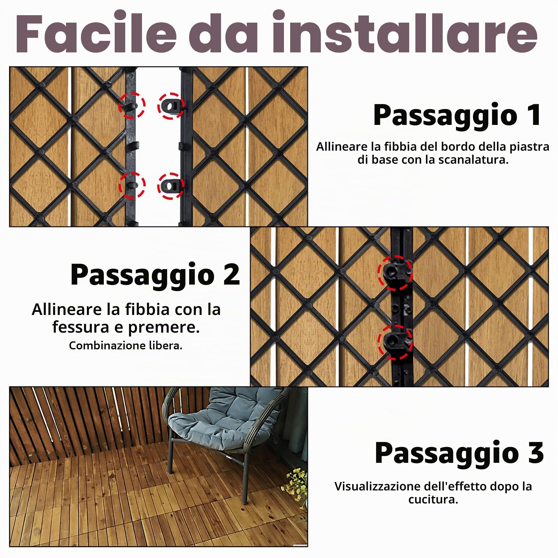 Froadp Piastrelle in legno di acacia, 1 m², 30 x 30 cm, con sistema a click, per terrazze, balconi, terrazze, giardini e balconi, resistenti alle intemperie, 11 pezzi, tipo A