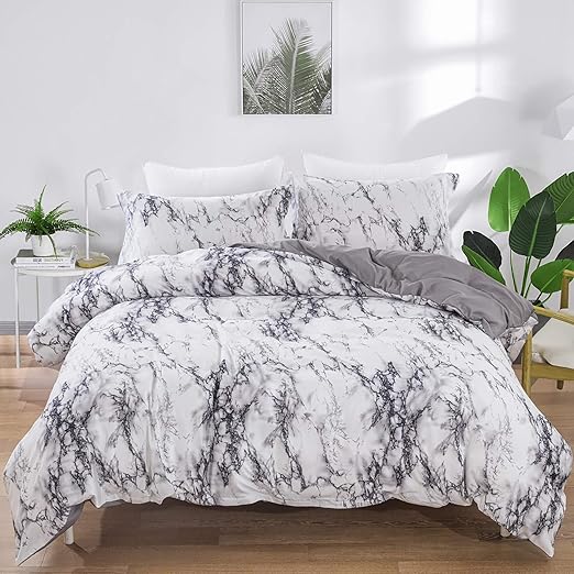 WONGS BEDDING Marble Comforter Set Queen White Gray Marble