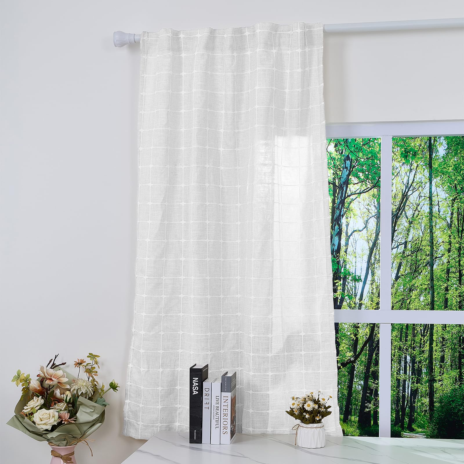 135x175cm Boho-Streifen Vorhang Leinenoptik Weiß Kariert,1 Stück