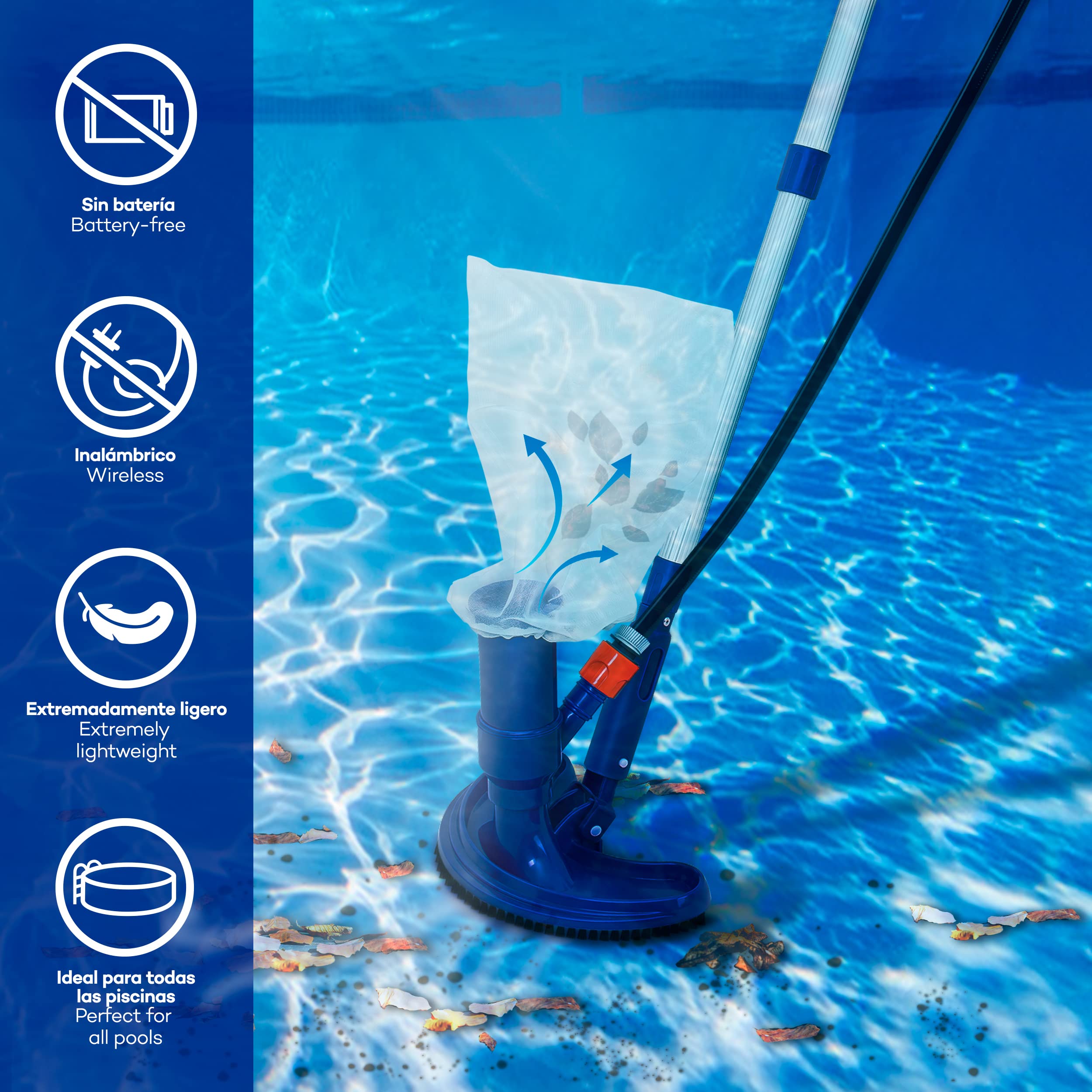 tillvex Kit de Mantenimiento de Piscinas | Set Completo de Aspirador Limpiafondos con Mango Telescópico | Incl. Cepillo, Red de Limpieza, Varilla Extensible (con Mango telescópico)
