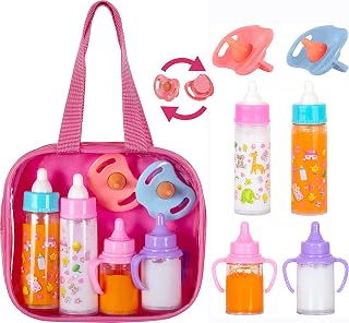 FashNKolor My Sweet Baby Disappearing Doll Feeding Set - 6pc Interactive Baby Care Kit with Bottles, Pacifiers & Stroller Bag for Toddlers Pretend Play