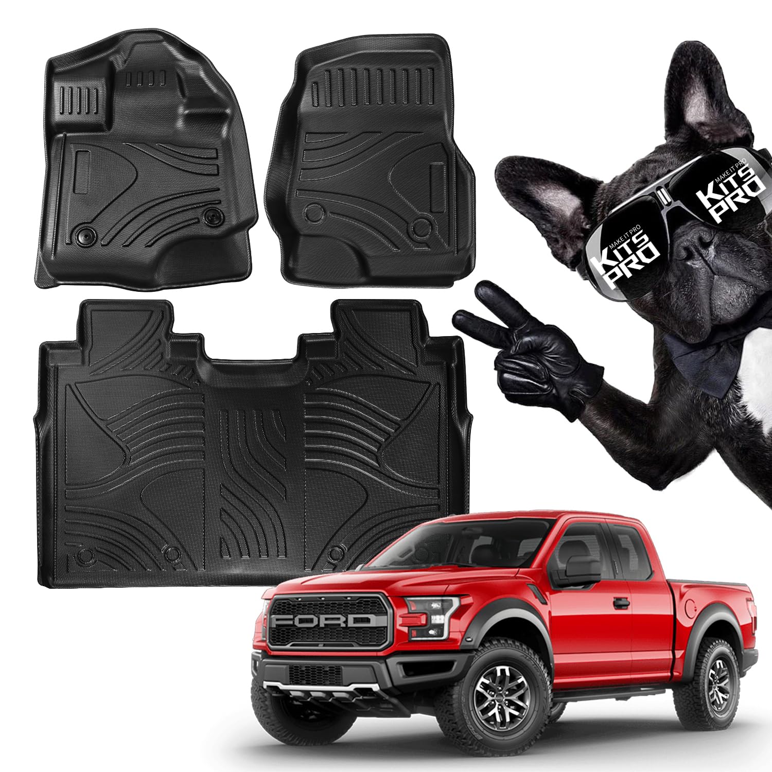 KitsPro Truck Floor Mats for 2015-2023 Ford F-150 SuperCrew with Front Row Floor Buckle All-Weather Car Floor Mats (NOT FIT 2nd Row Under-Seat Fold Flat Storage Box)