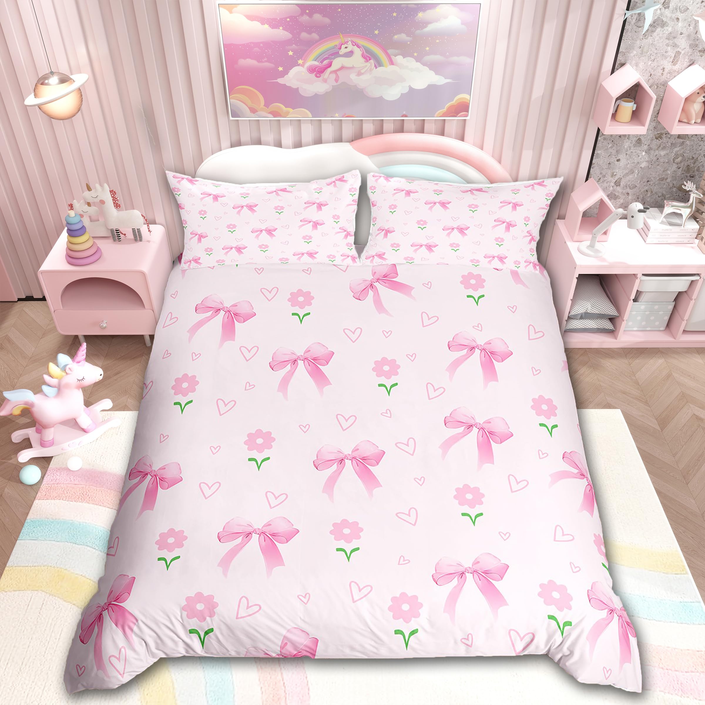 Homemissing Rosa Schleifen Bettbezug 135x200cm Mädchen Jungen Kinder niedliche Schleifen Betten Zimmer Dekor Schmetterling Knoten Träumige Prinzessin Blumen Bettwäsche Set weich