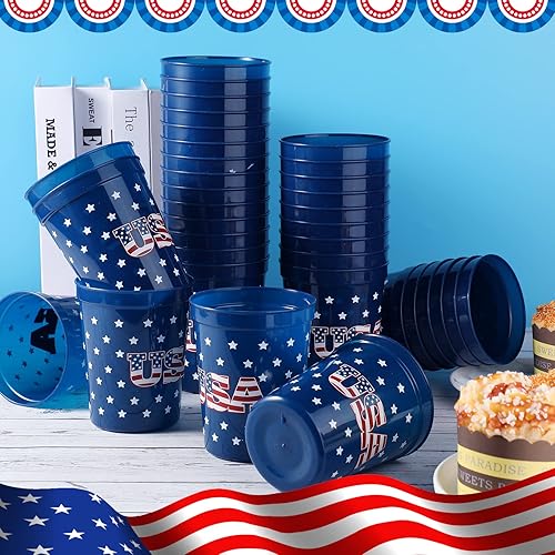 Miniatura 10 de 64 vasos patrióticos de plástico con la bandera estadounidense, vasos para fiestas en estadios del 4 de julio, vasos blancos, rojos y azules, vaso