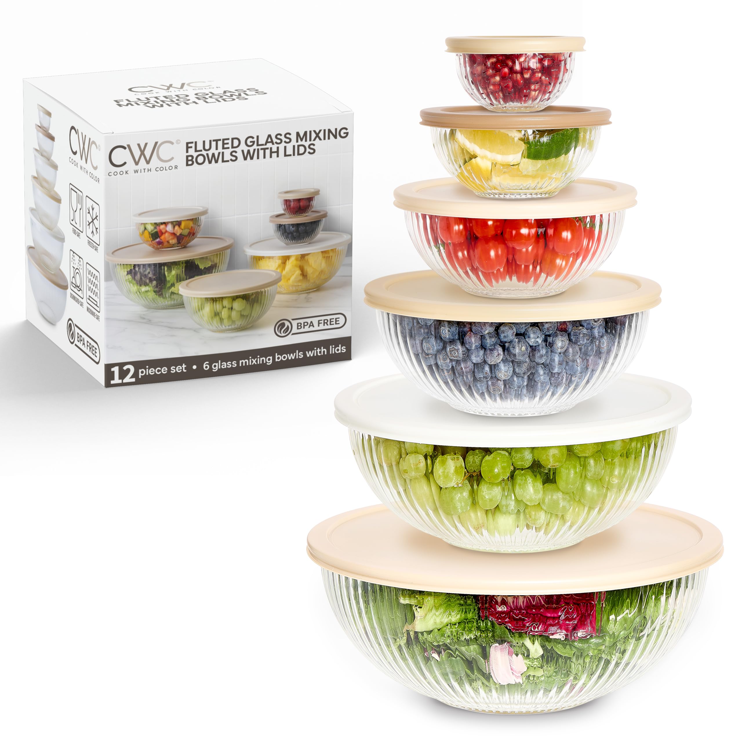 COOK WITH COLOR 12 Pc Glass Mixing Bowl Set with Lids – Borosilicate Glass Nesting Bowls for Cooking, Baking and Meal Prep, Fluted Brown