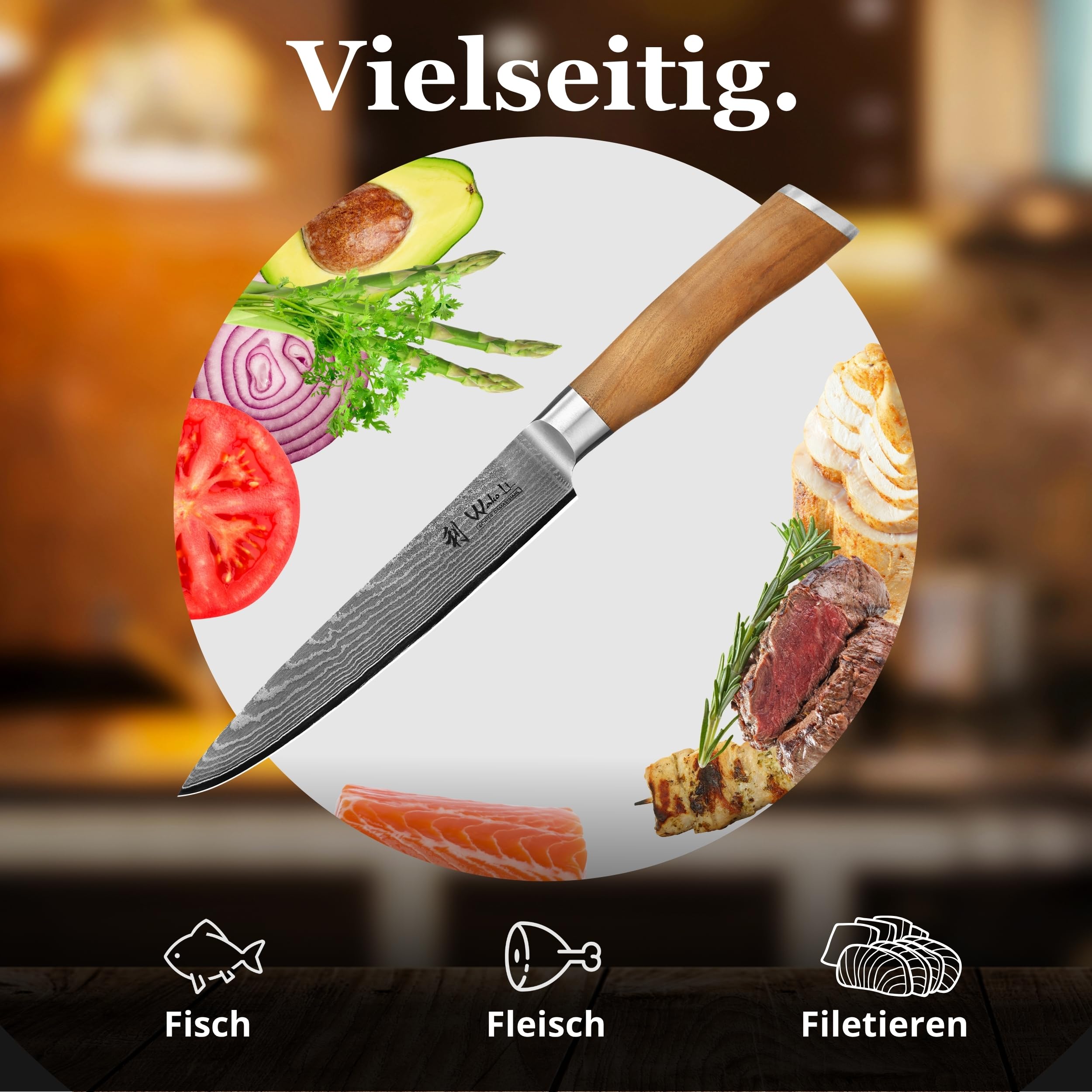 Wakoli Olive Tranchiermesser mit 17 cm Klinge aus 67 Lagen Damaststahl mit VG10 Kern, Fleischmesser mit Olivenholzgriff, Damastmesser in Geschenkbox für Fleisch und feine Schnitte