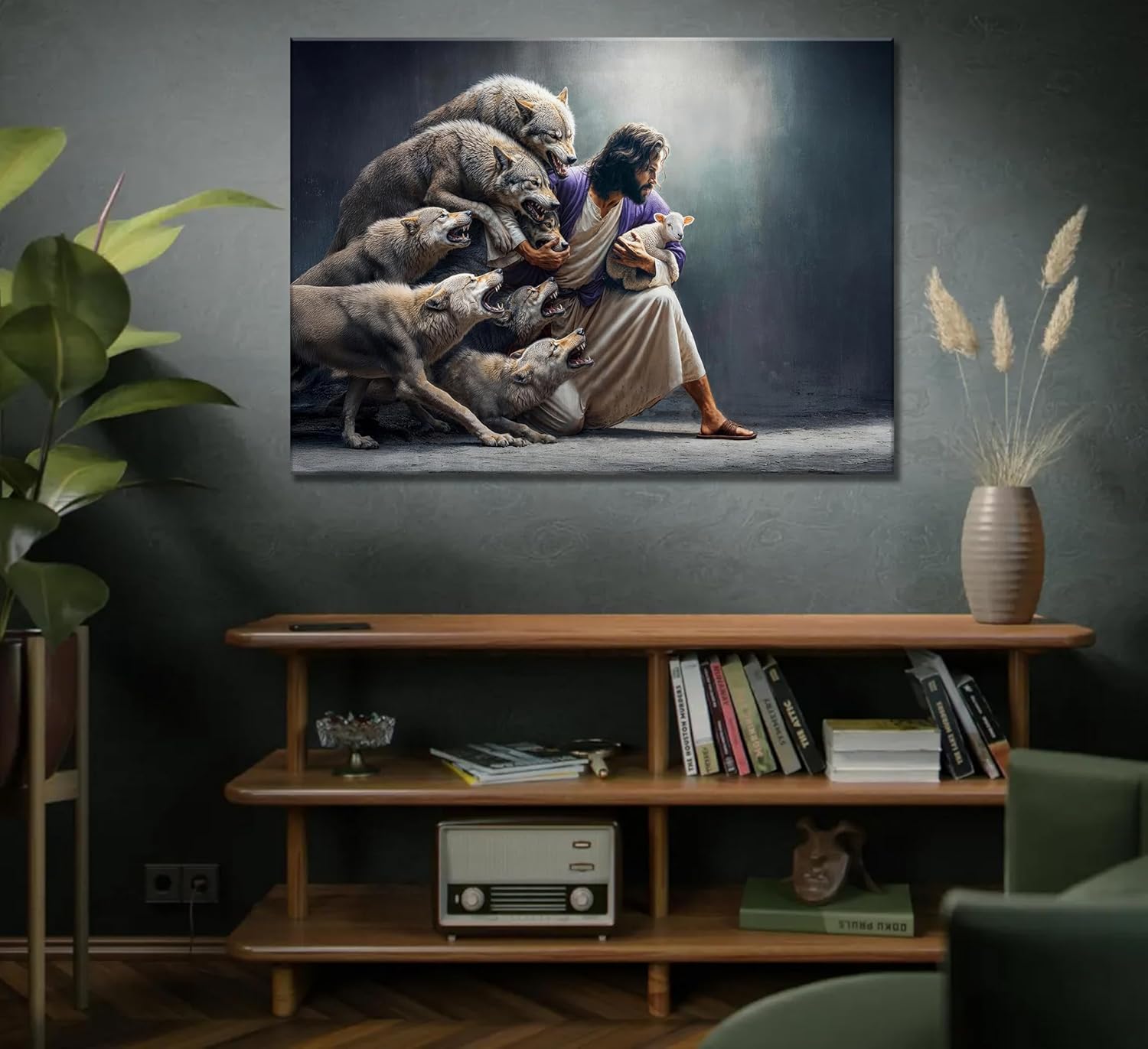 Jesus and Sheep Canvas Wall Art Christian Jesus Saves and Protects Lost Sheep Painting Picture Wall Decor Poster Print Artwork Bedroom Living Room Office Home Decoration