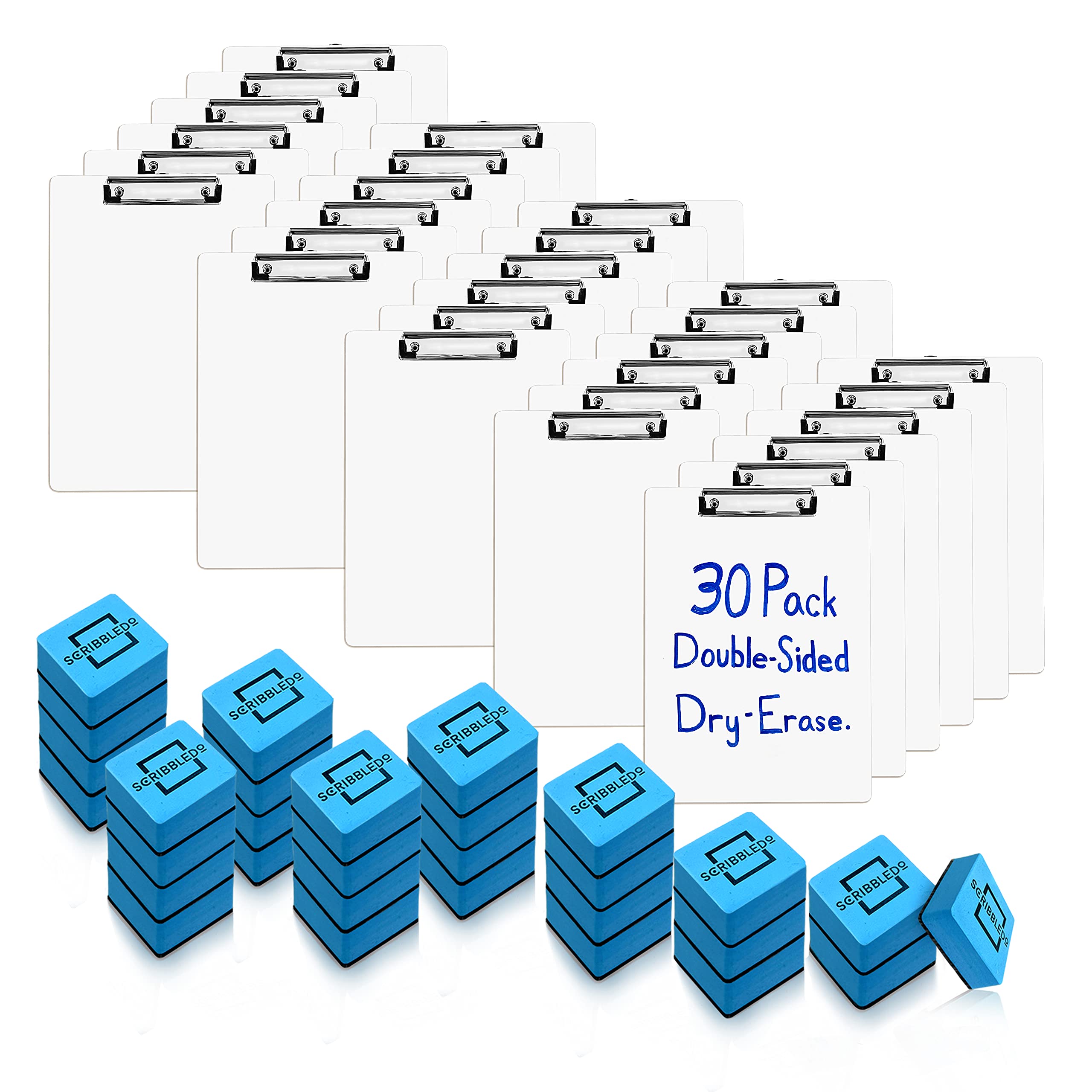 Dry Erase Clipboards Pack of 30, Durable Double-Sided 9"x12" White Clipboard with 30 Dry Erase Erasers, Dry Erase Clipboard with Low Profile Clip for School, Classroom and Home Use