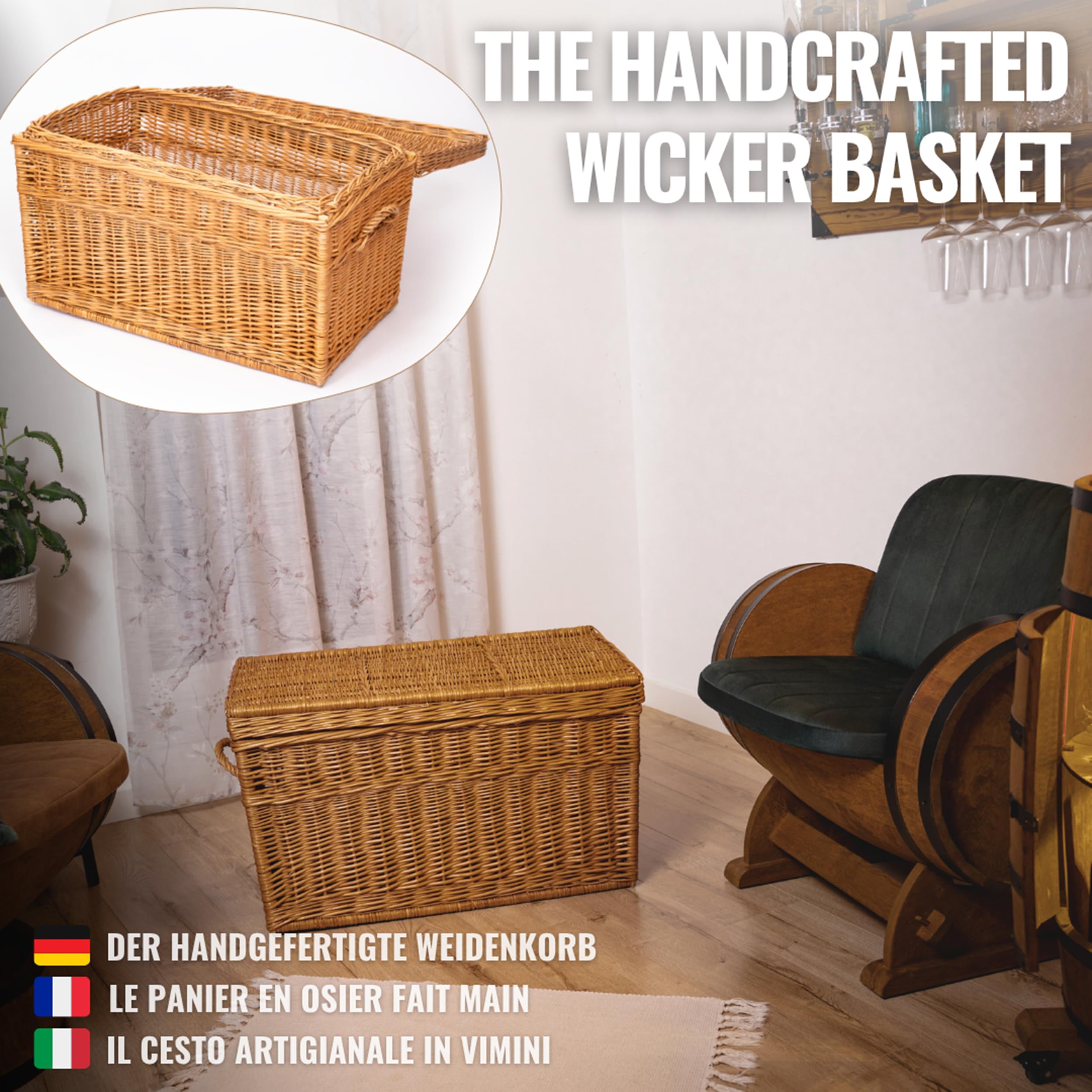 Creative Cooper Handgefertigter Wäsche- & Aufbewahrungskorb aus Weide – Großes Geflochtenes Wicker-Korb 180 L – Deckel, Rustikal, Naturholz, Braun