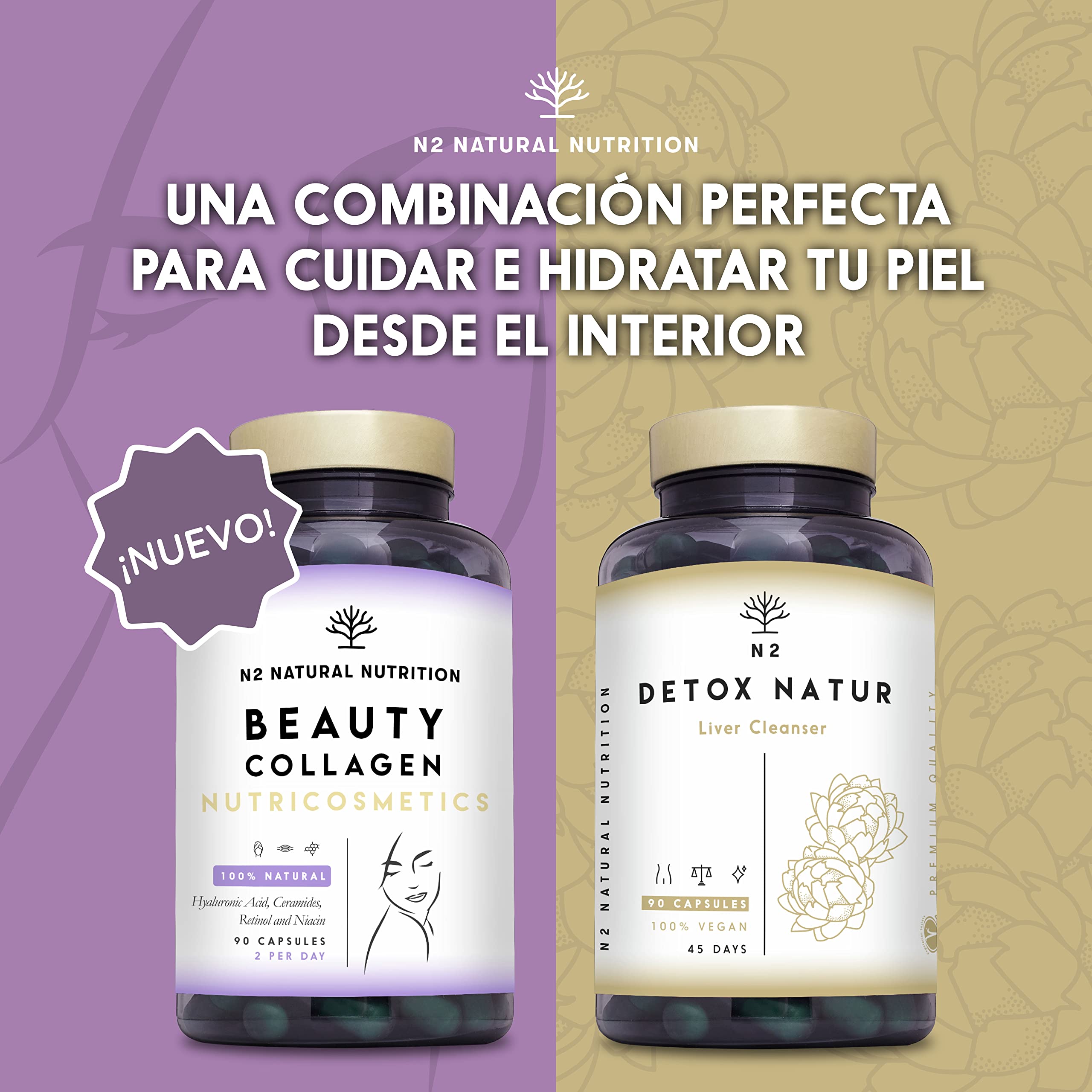 Colageno Hidrolizado con Retinol, Acido Hialuronico, Ceramidas y Niacina. Piel Sana e Hidratada. 90 Cápsulas vegetales. Barrera Natural. Con Vitamina C. CE. N2 Natural Nutrition