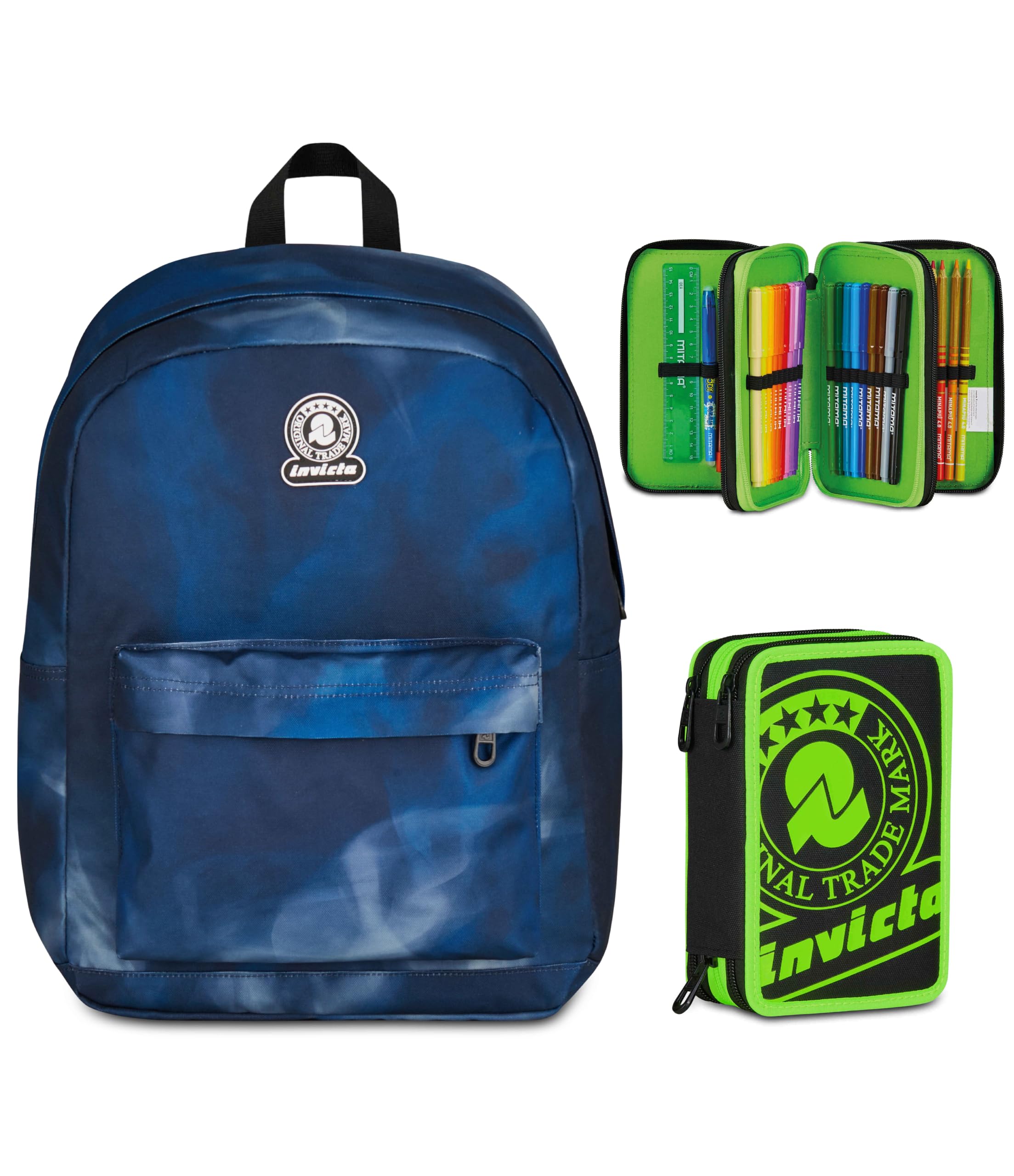 Invicta Zaino Ollie, Doppio Scomparto, Smoky Blue, Ragazze e Ragazzi, blu/arancione + Astuccio 3 Zip, Completo di Matite e colori, Elementari, Medie, Superiori, Black/Green, nero/verde