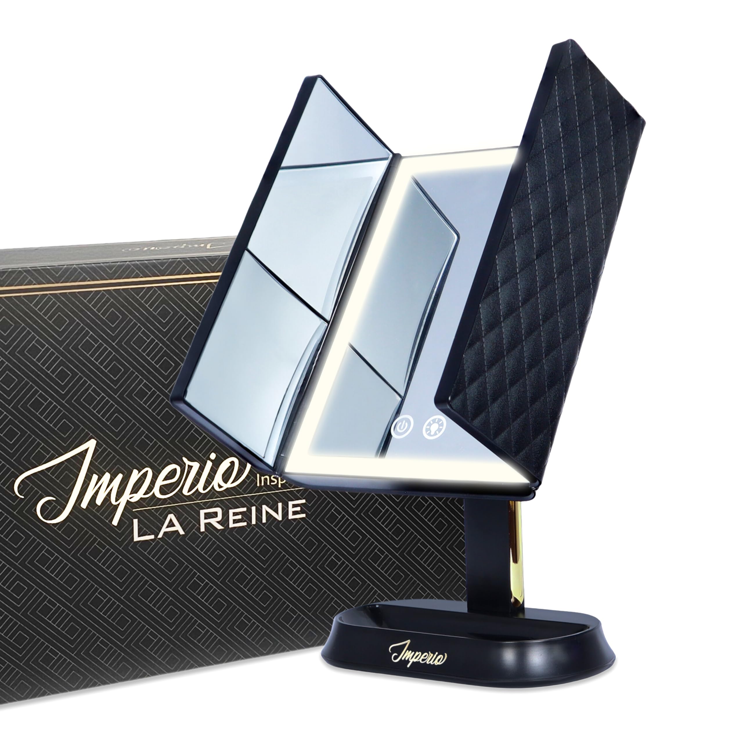Imperio Luxurious Gold Trifold Vanity Mirror with 60 LED Lights, Dimmable, 5X & 7X Magnification, Portable & Rechargeable Makeup, Light for Dressing Table - LED, Magnifying Desk