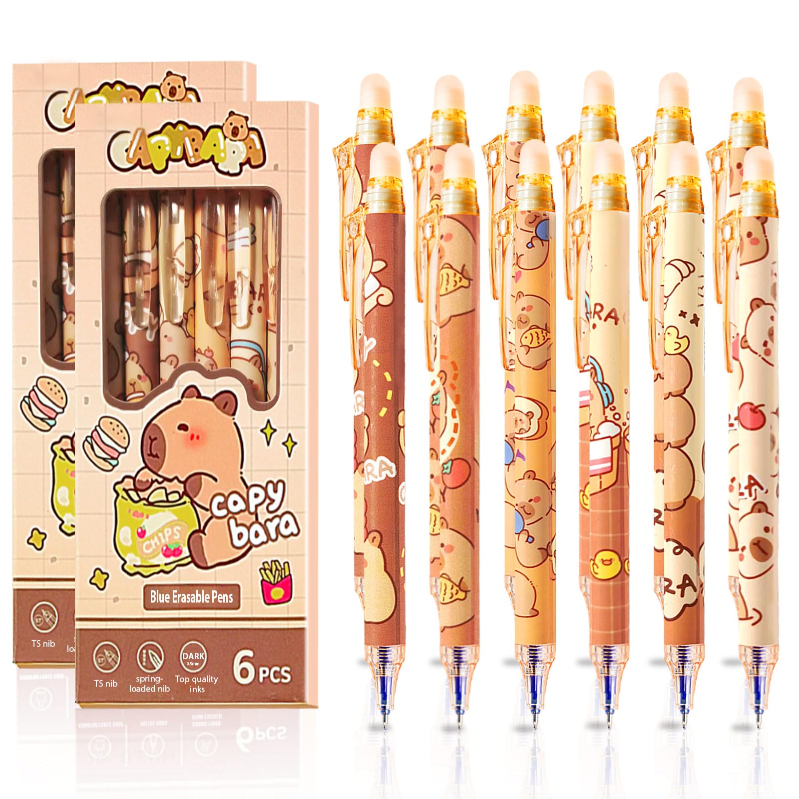 Mangpung 12 PCS Cute Erasable Pens,Capybara Erasable Gel Ink Pens,0.5mm Blue Ink - Retractable, Cute Capybara School Supplise,Kawaii Capybara