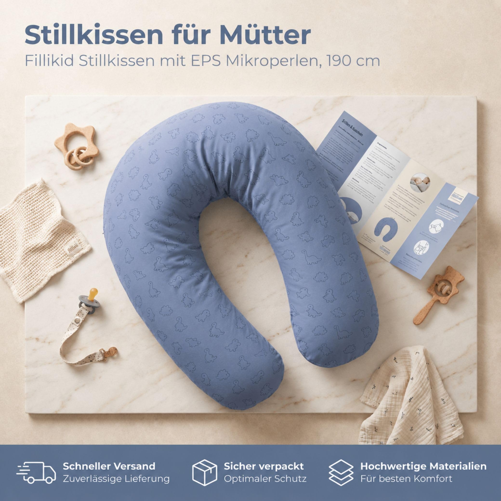 Fillikid Stillkissen EPS-Perlen 190 cm Exklusiv | XXL Stillkissen mit EPS Mikroperlen Länge 190 cm | Schwangerschaftskissen Bezug 100% Baumwolle maschinenwaschbar | Kissen Schwangerschaft