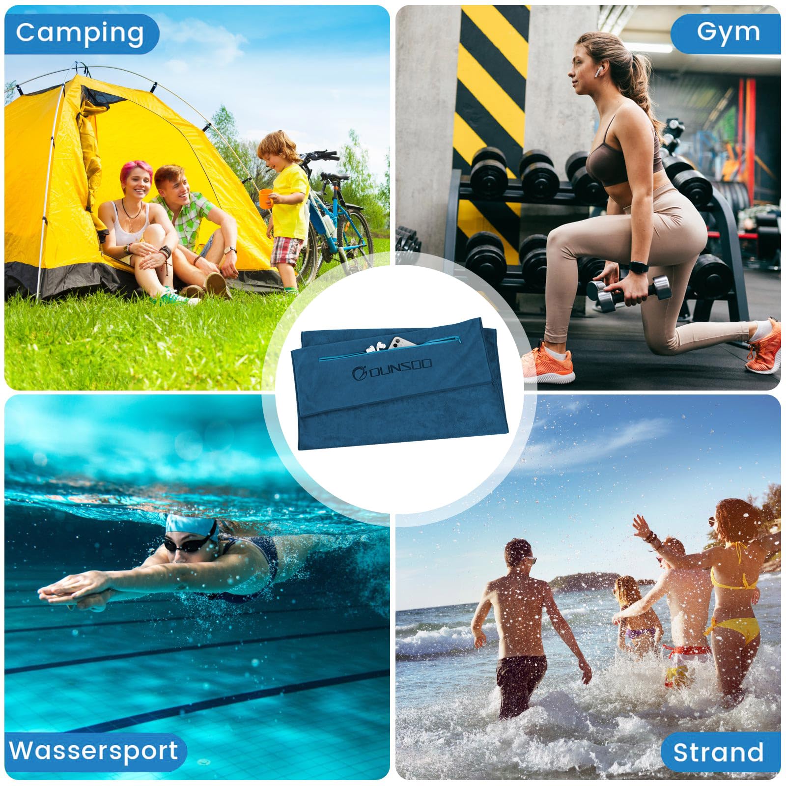 DUNSOO Ręcznik fitness, 120 x 50 cm, ręcznik sportowy z mikrofibry, z kieszenią na zamek błyskawiczny, do studia fitness i treningu, ręcznik na siłownię (Granatowy)