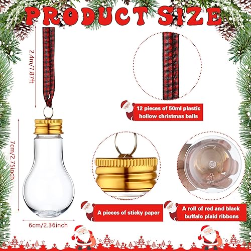 Miniatura 2 de Kajaia 12 bolas de alcohol de Navidad, adornos de árbol rellenables de Navidad con calcomanías de cinta de cuadros de búfalo, adornos de plástico